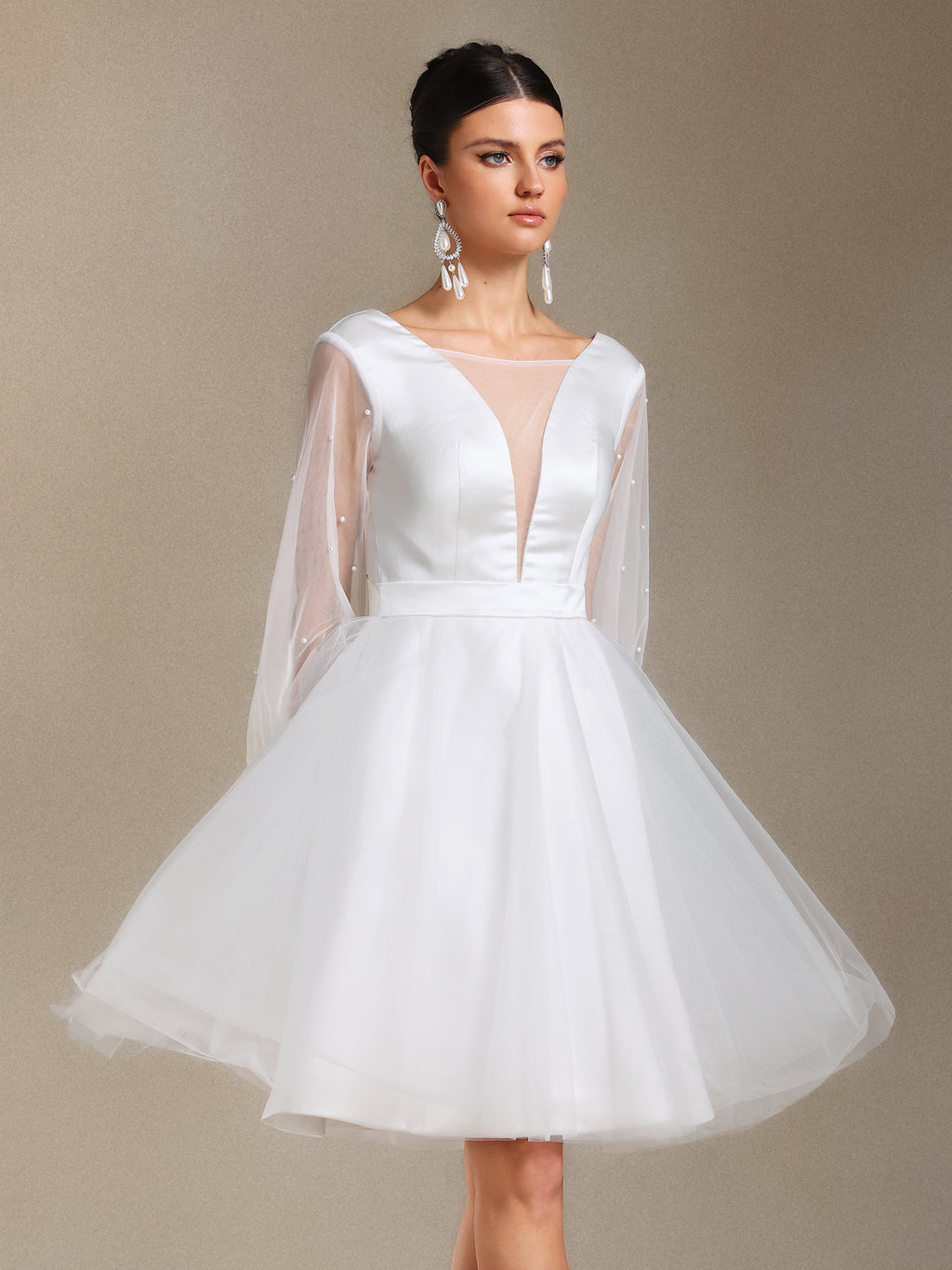 Maka Long sleeves Pearl Satin V-neck Mini wedding dress	