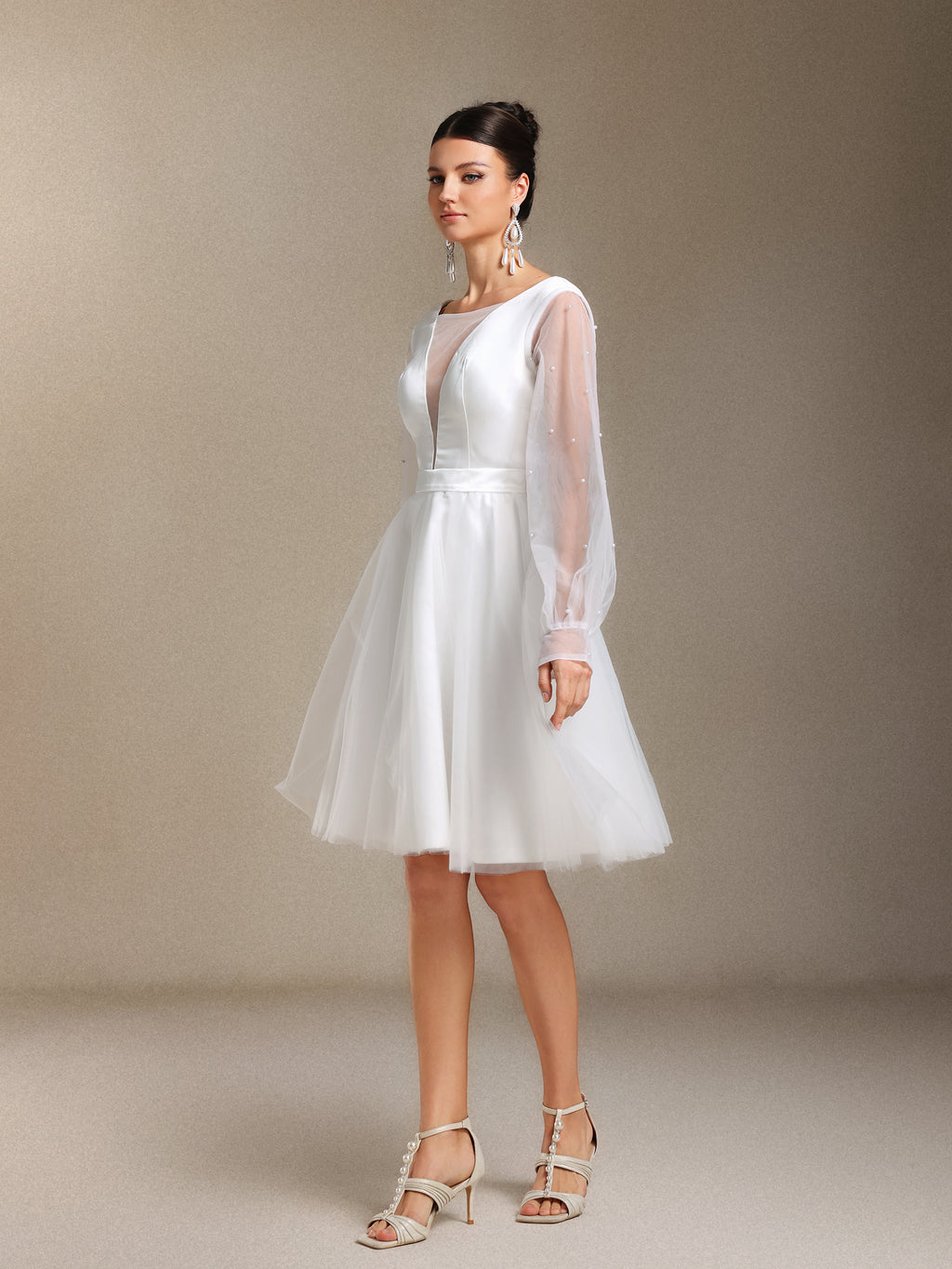 Maka Long sleeves Pearl Satin V-neck Mini wedding dress	