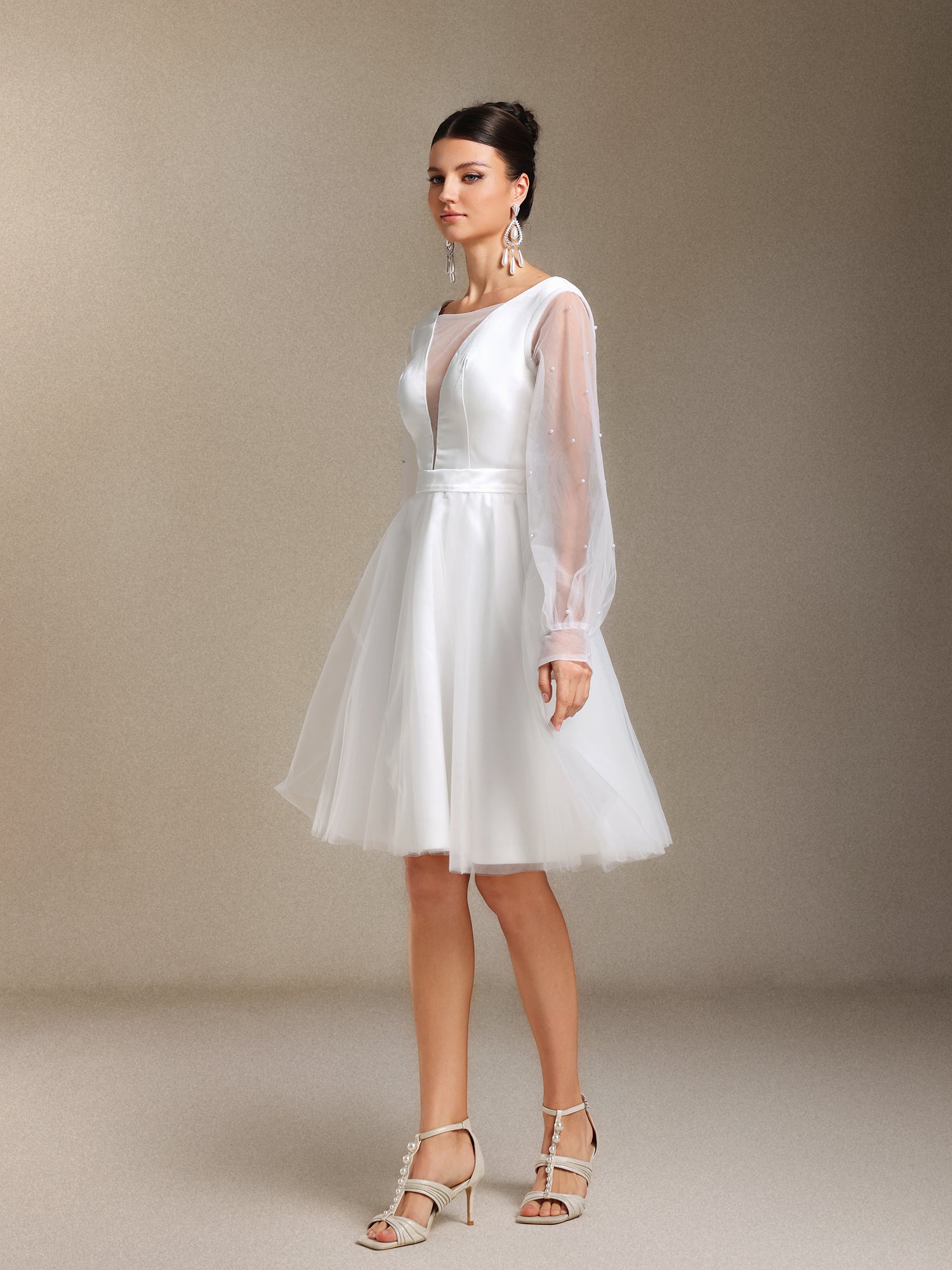 Maka Long sleeves Pearl Satin V-neck Mini wedding dress	