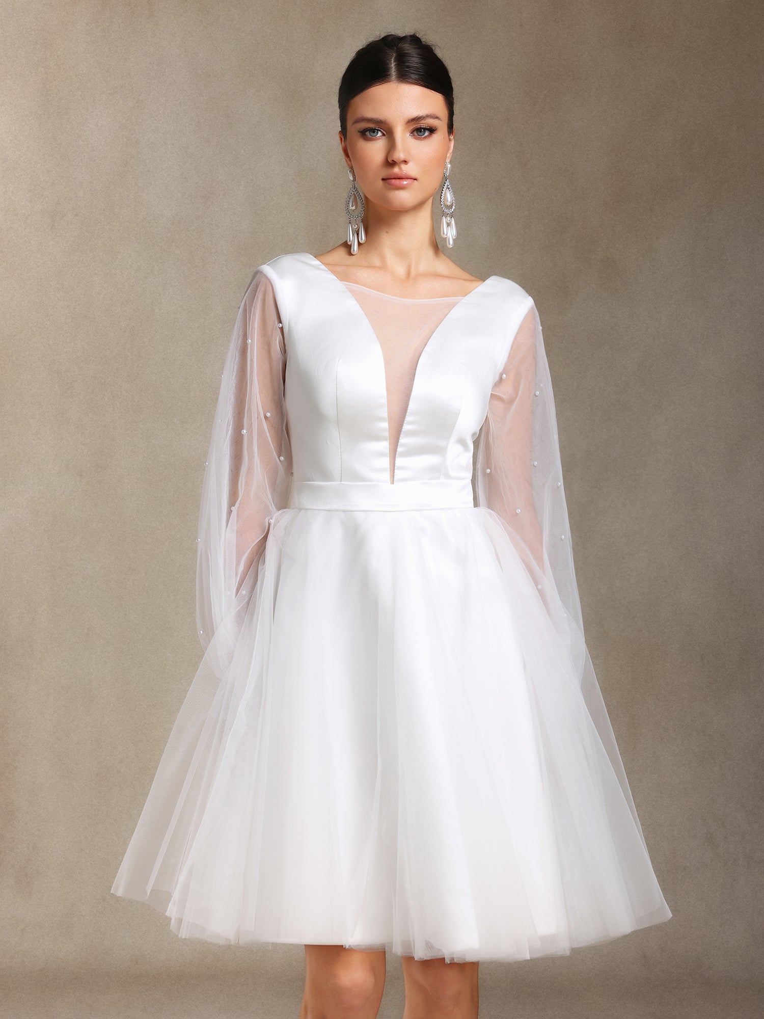 Maka Long sleeves Pearl Satin V-neck Mini wedding dress	
