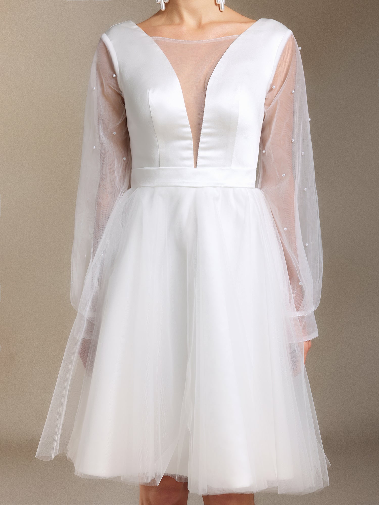 Maka Long sleeves Pearl Satin V-neck Mini wedding dress	