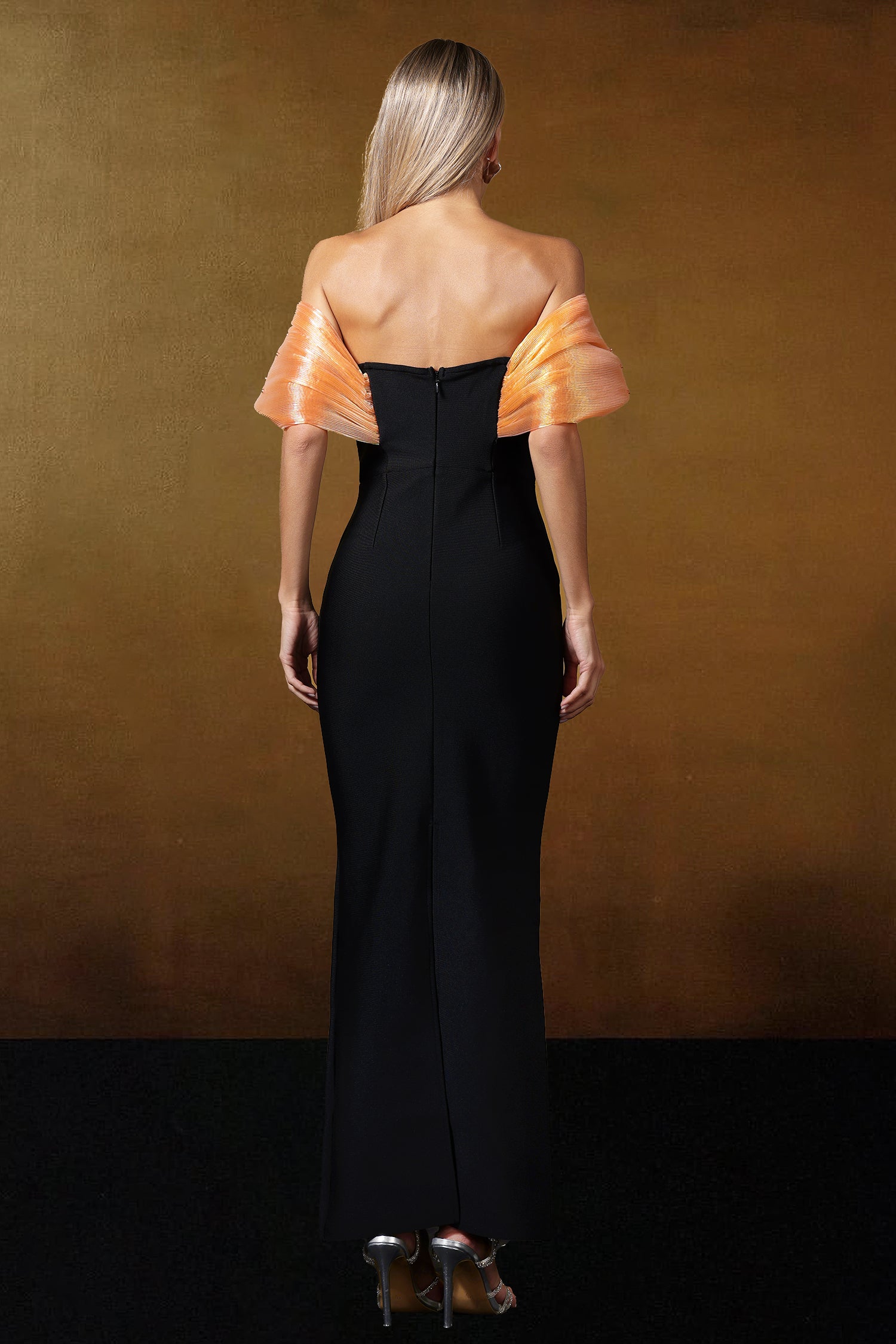 Off Shoulder Pearl Bandage Maxi Orange Dress	