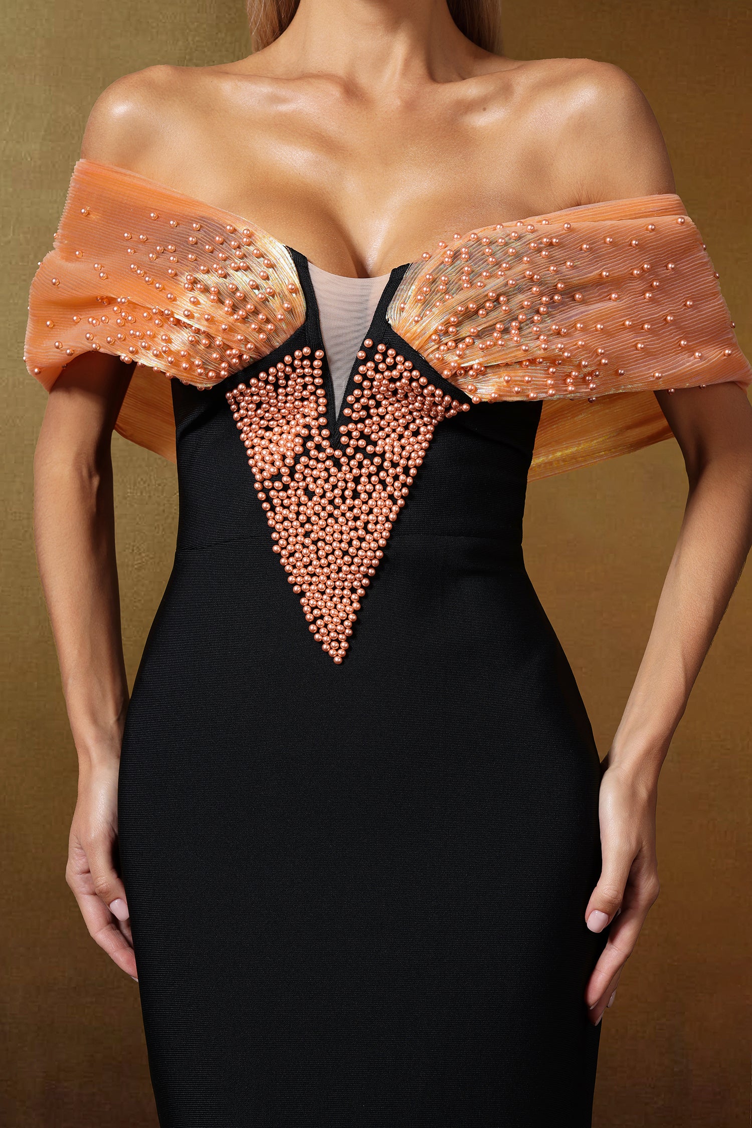 Off Shoulder Pearl Bandage Maxi Orange Dress	