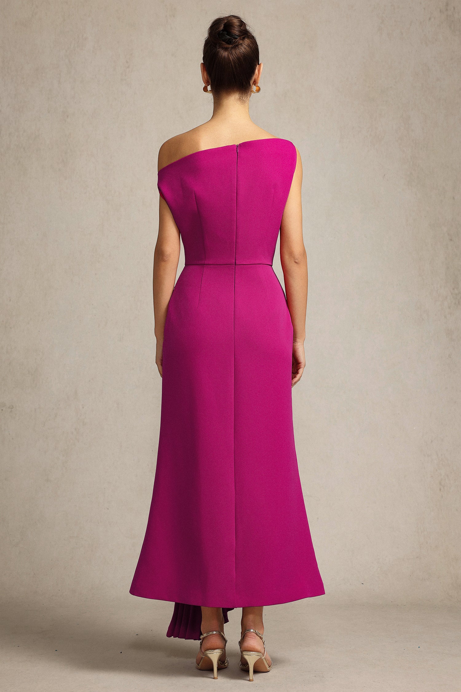 Paulina Oblique Shoulder Sleeveless Folds RosePink Midi Dress	