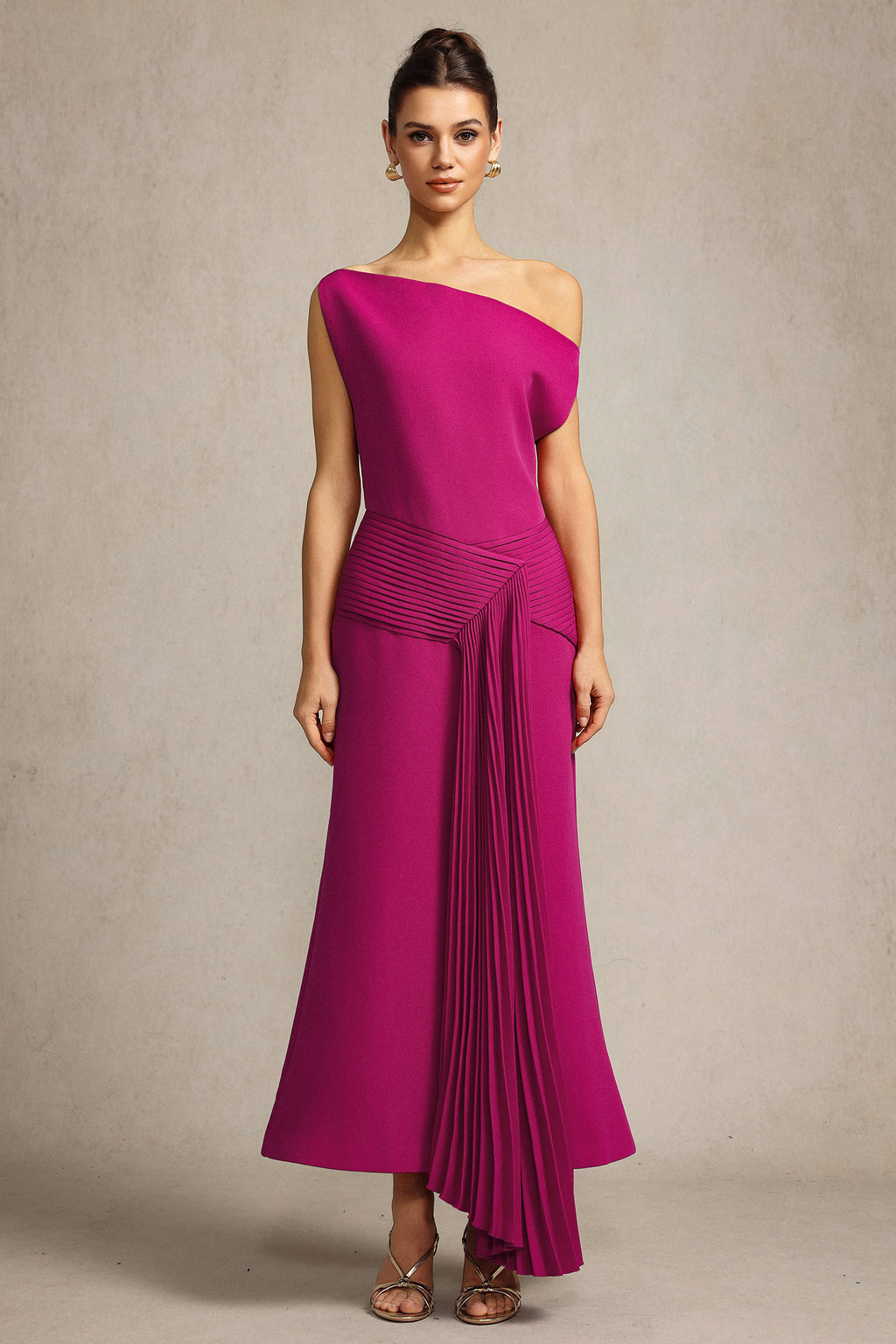 Paulina Oblique Shoulder Sleeveless Folds RosePink Midi Dress	