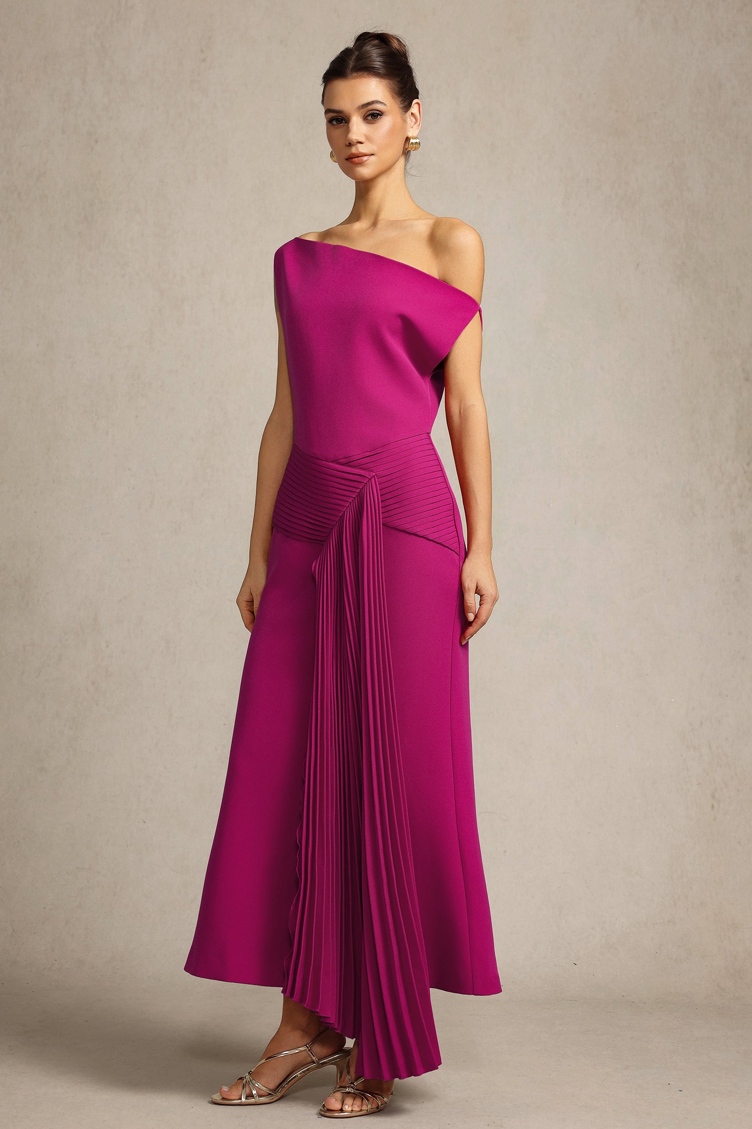 Paulina Oblique Shoulder Sleeveless Folds RosePink Midi Dress	