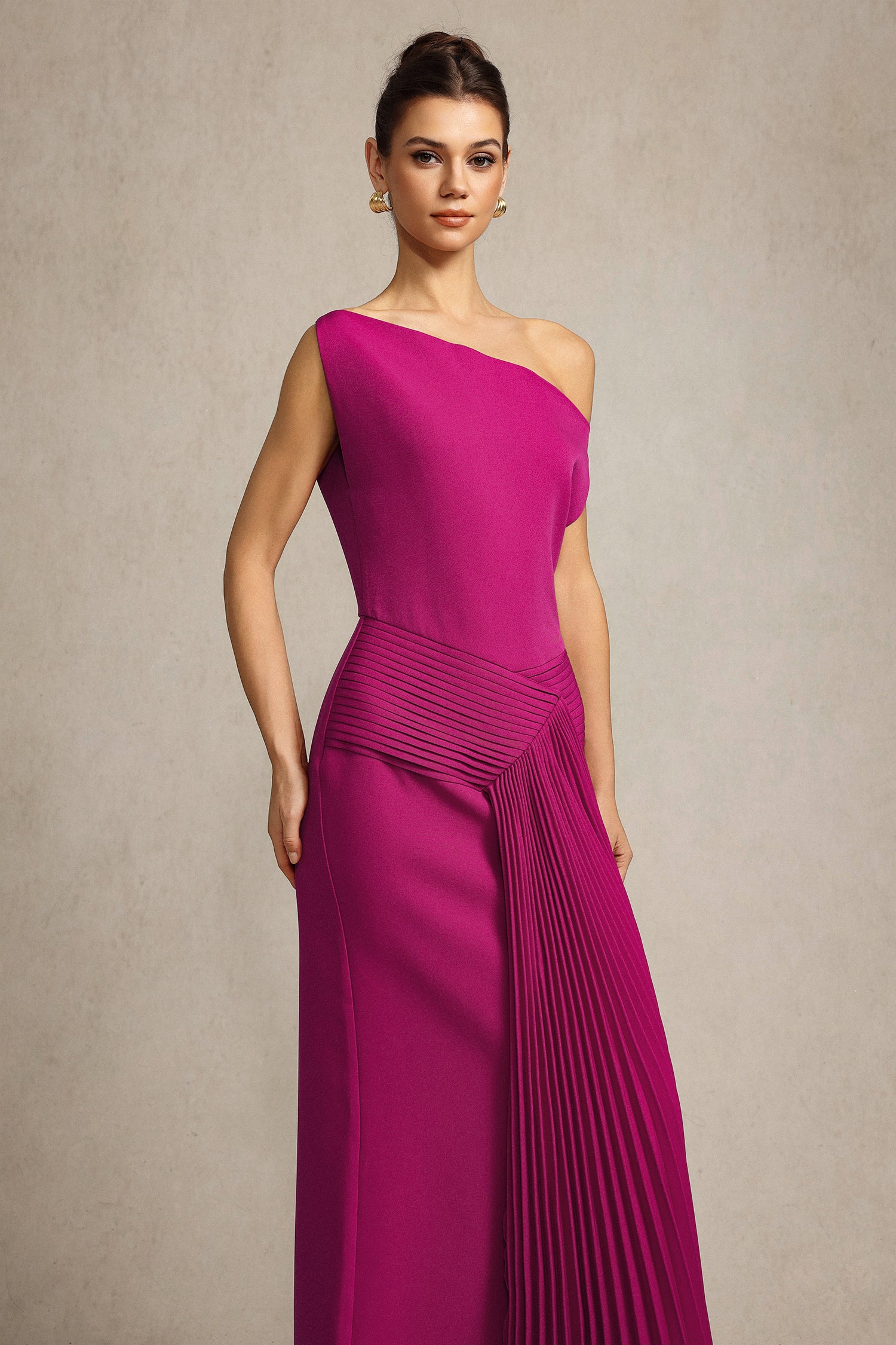 Paulina Oblique Shoulder Sleeveless Folds RosePink Midi Dress	