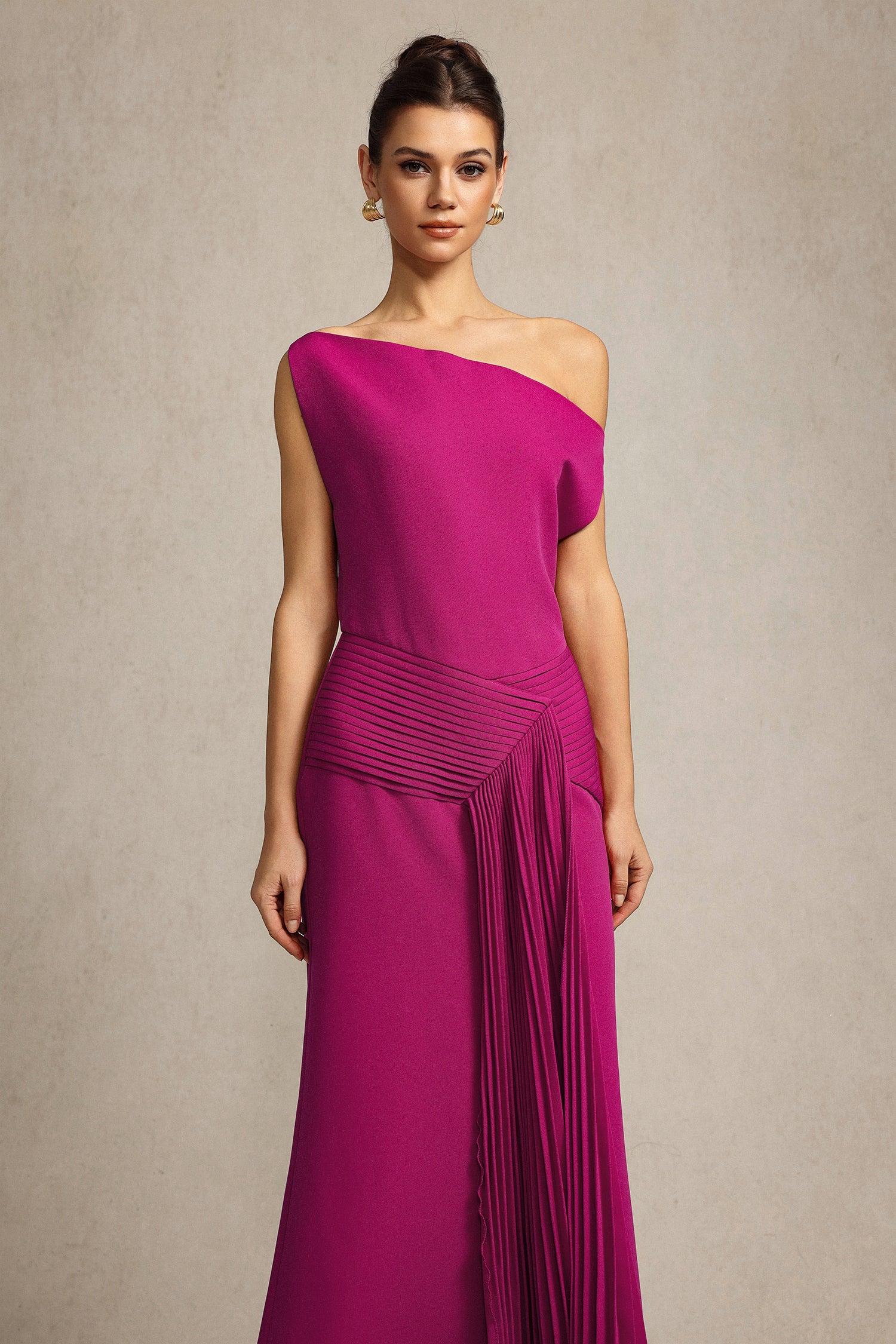 Paulina Oblique Shoulder Sleeveless Folds RosePink Midi Dress	