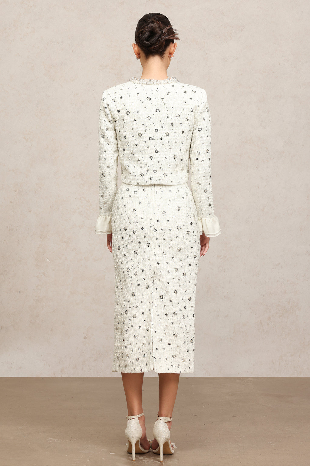 Lucretia Round Neck Long Sleeves Sequin Pearl Top And Skirt Two-Piece Set	