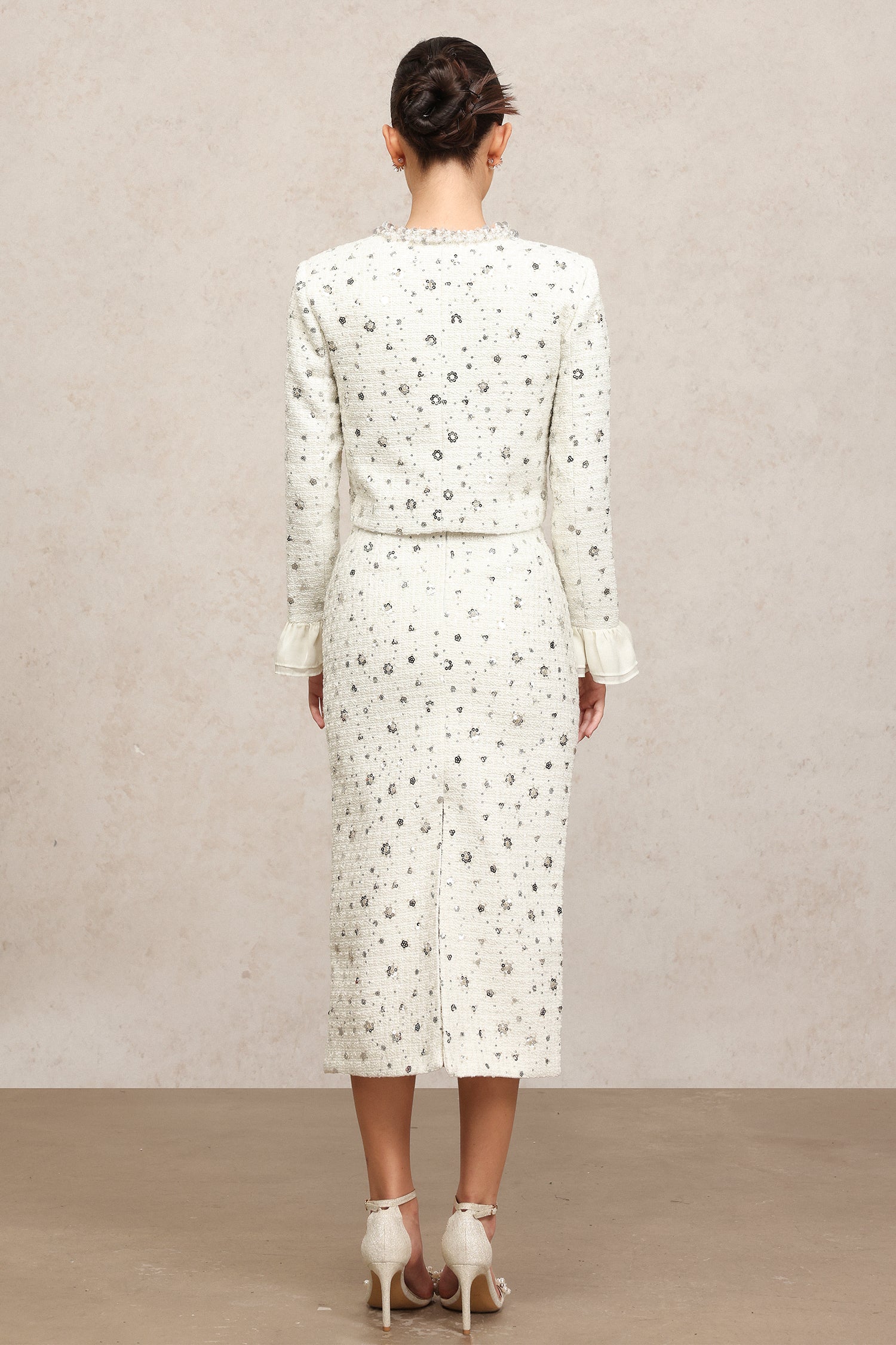 Lucretia Round Neck Long Sleeves Sequin Pearl Top And Skirt Two-Piece Set	