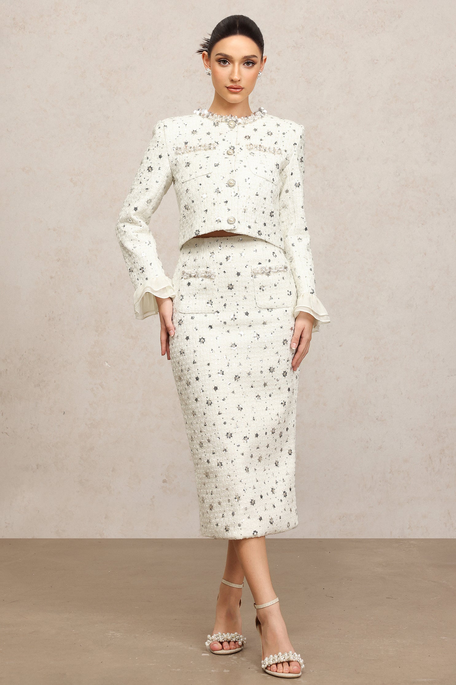 Lucretia Round Neck Long Sleeves Sequin Pearl Top And Skirt Two-Piece Set	
