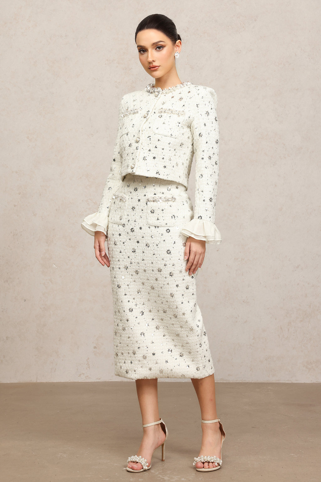 Lucretia Round Neck Long Sleeves Sequin Pearl Top And Skirt Two-Piece Set	