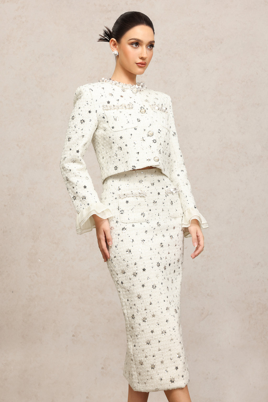 Lucretia Round Neck Long Sleeves Sequin Pearl Top And Skirt Two-Piece Set	