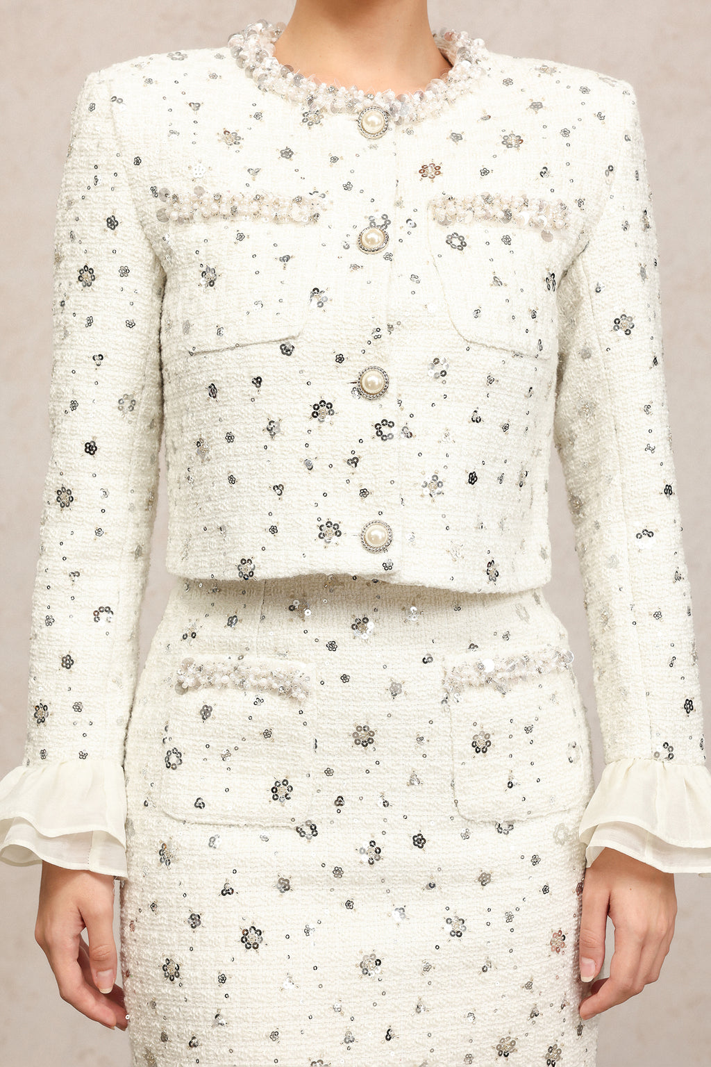 Lucretia Round Neck Long Sleeves Sequin Pearl Top And Skirt Two-Piece Set	