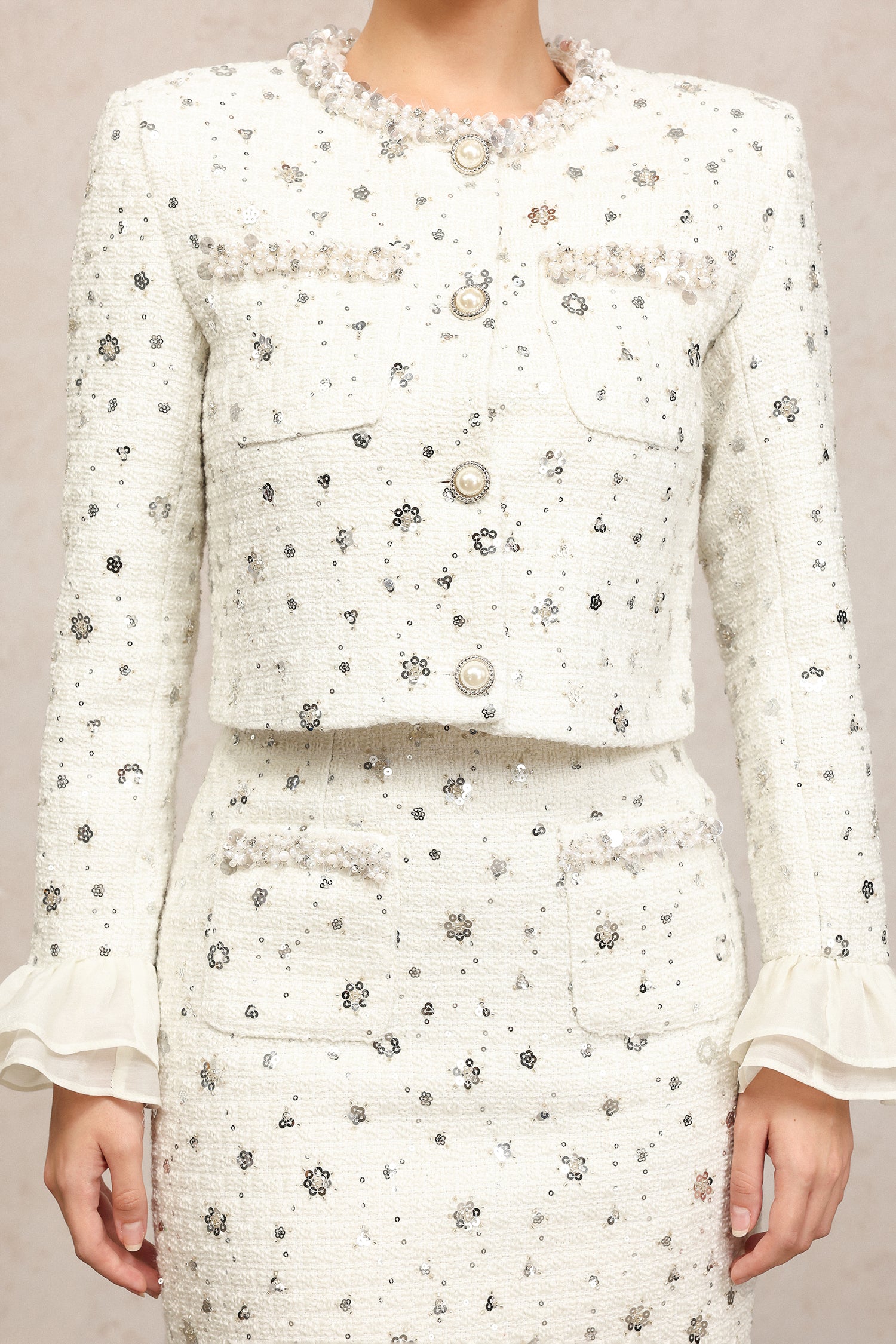 Lucretia Round Neck Long Sleeves Sequin Pearl Top And Skirt Two-Piece Set	