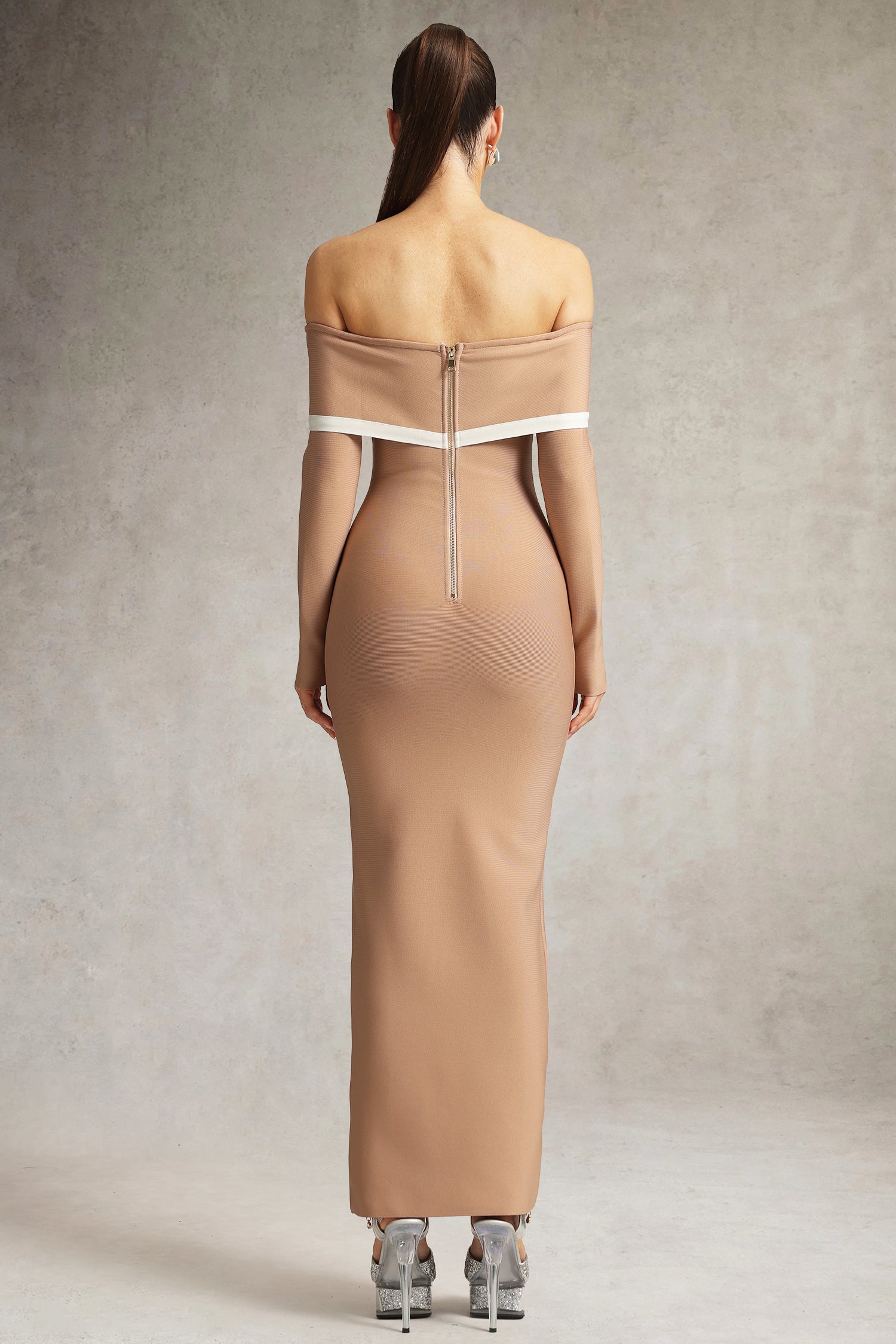 Hilda Off The Shoulder Long Sleeve Brown Maxi Dress	