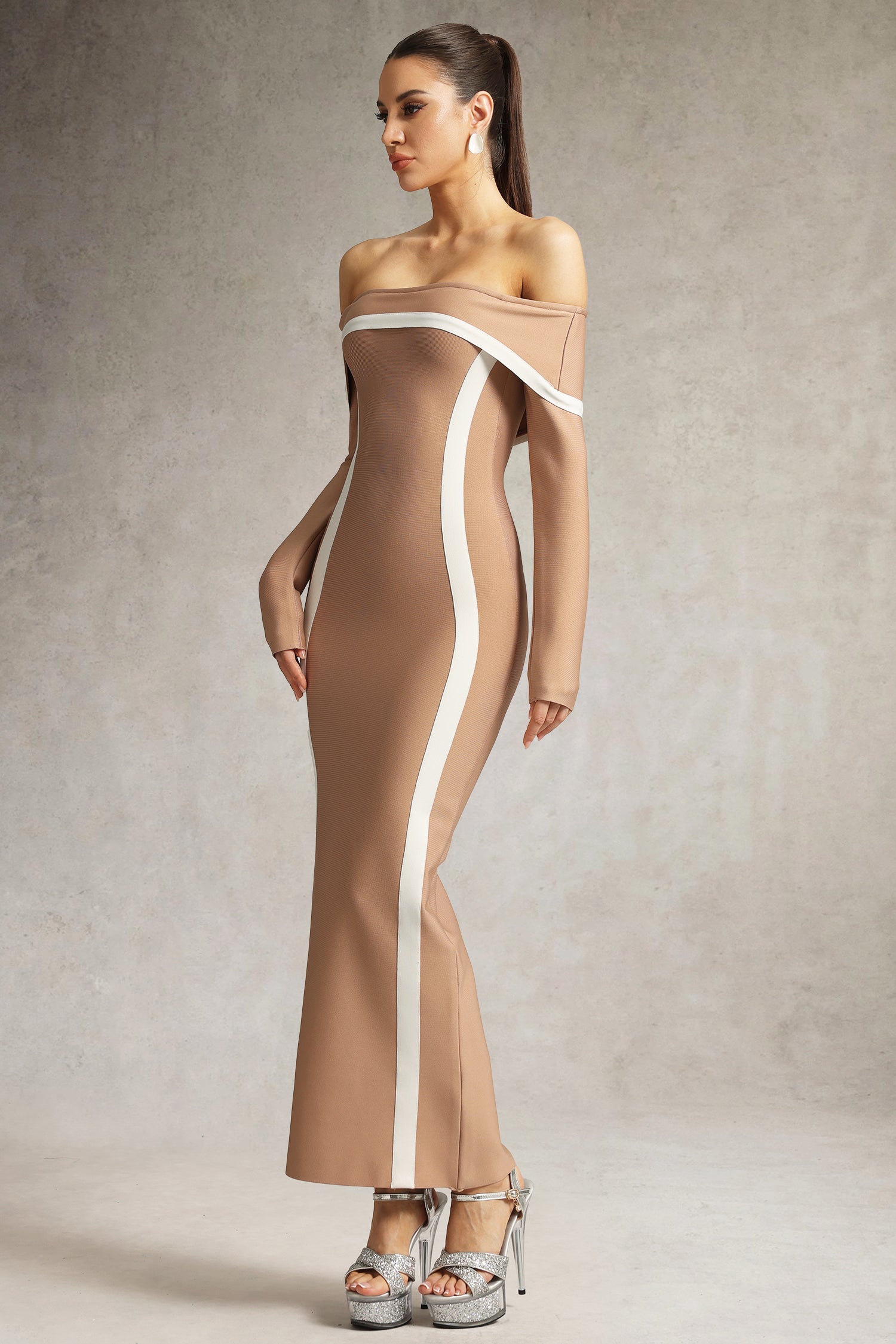 Hilda Off The Shoulder Long Sleeve Brown Maxi Dress	