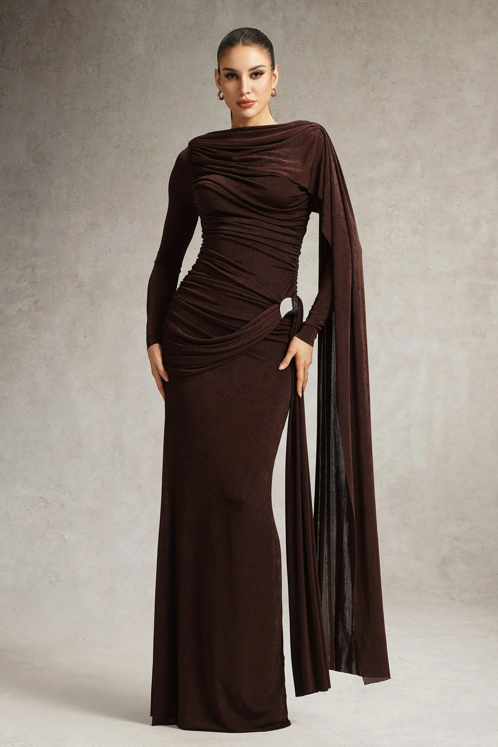 Tihila Long Sleeve Ruched Brown Maxi Dress	
