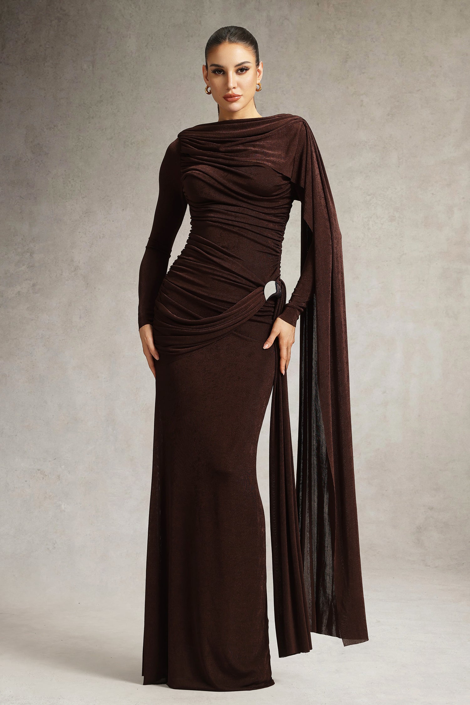 Tihila Long Sleeve Ruched Brown Maxi Dress	