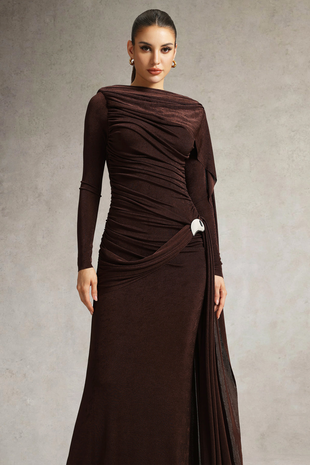 Tihila Long Sleeve Ruched Brown Maxi Dress	