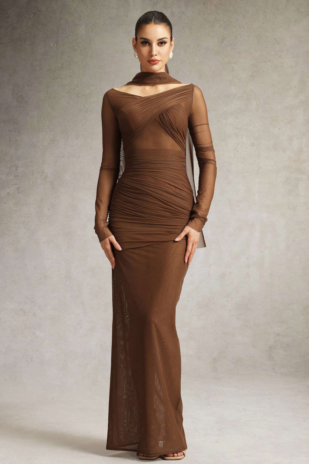 Zimino Long Sleeve Ruched Tulle Maxi Dress	