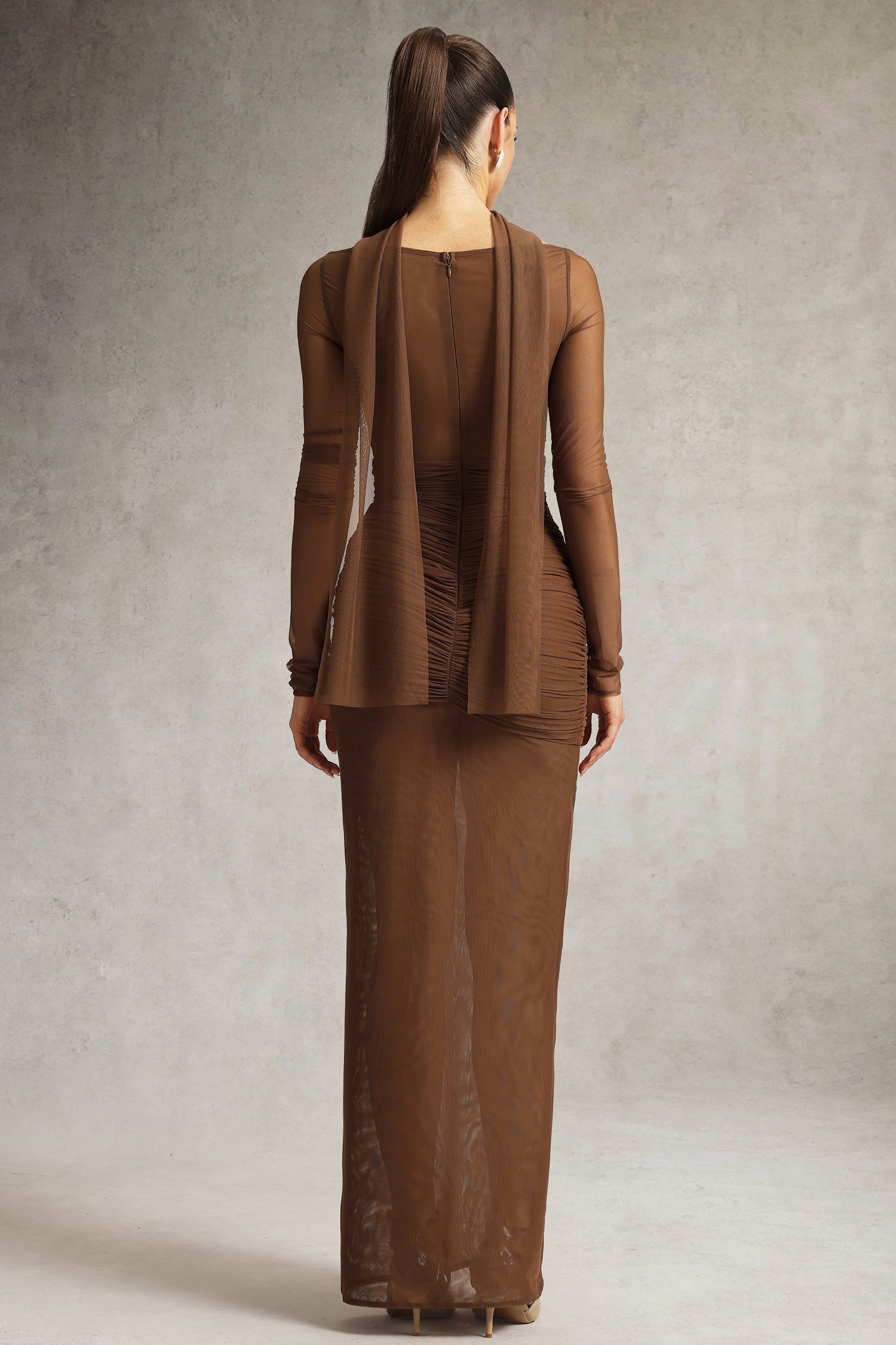 Zimino Long Sleeve Ruched Tulle Maxi Dress	