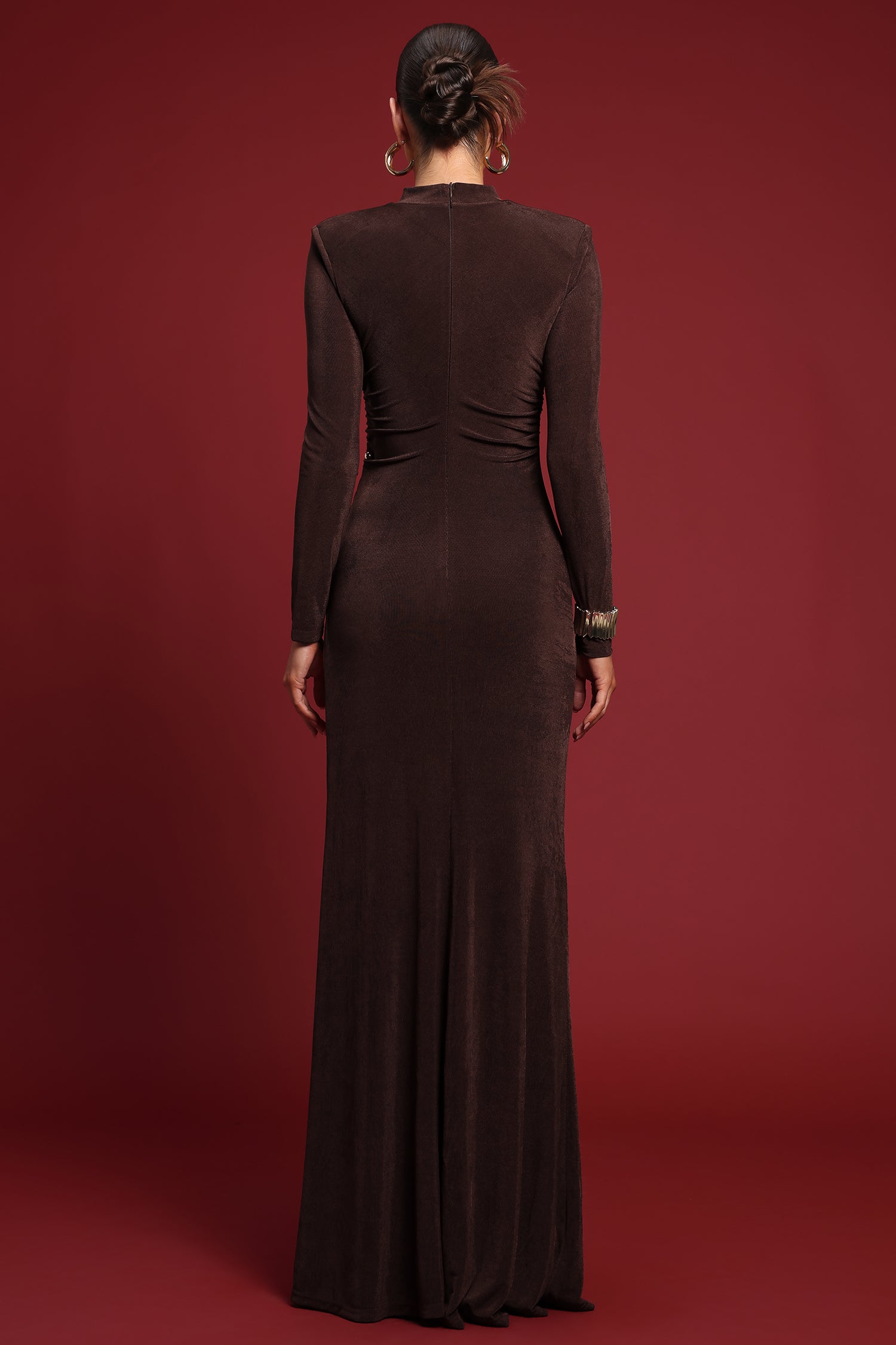 Ivy Elegant Contour Long Sleeve Gathered Knit Maxi Dress	