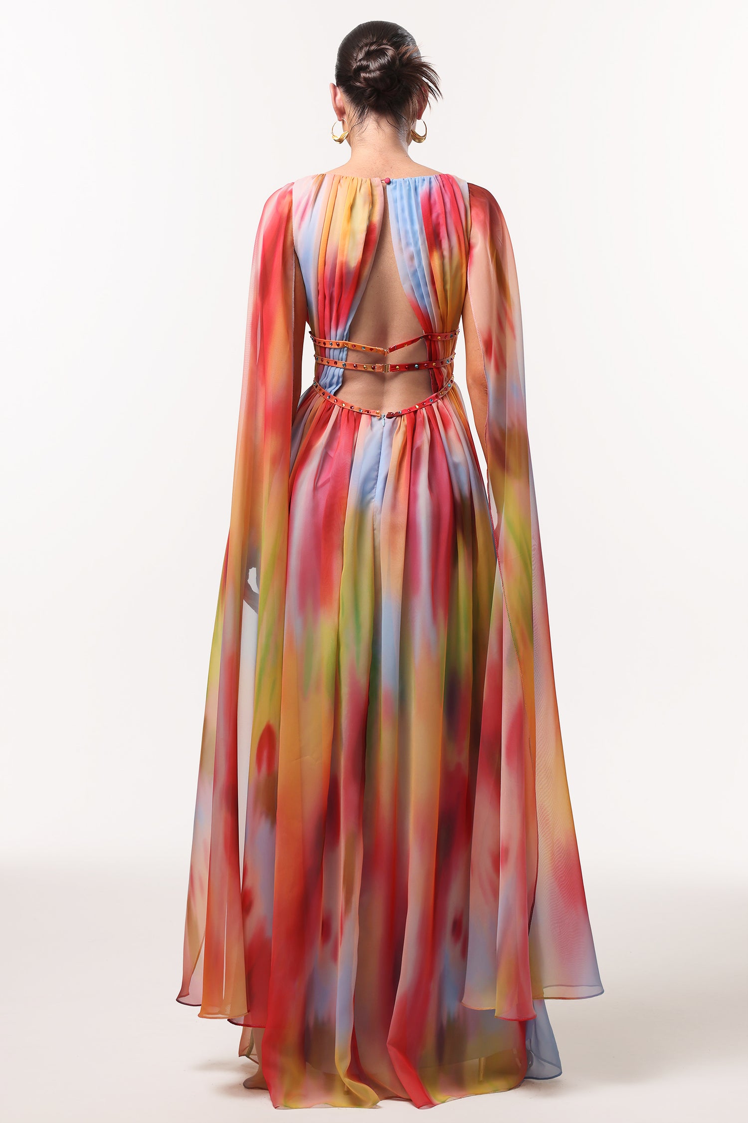 Zelda Sexy Flowy V Neck Cape Sleeve Abstract Print Maxi Dress	