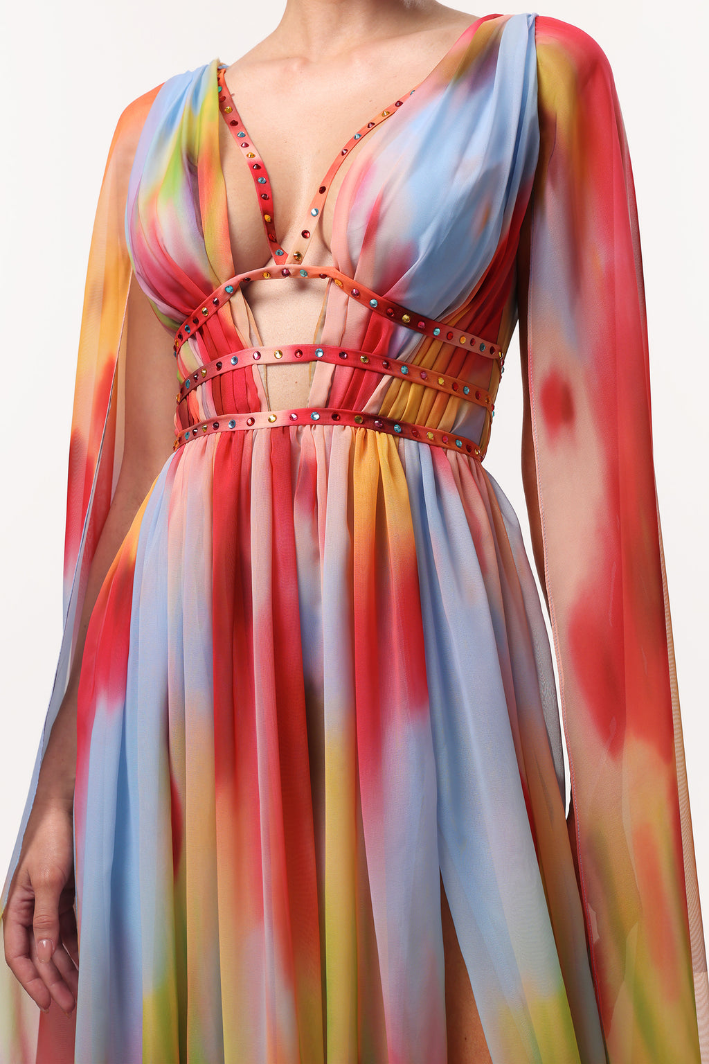 Zelda Sexy Flowy V Neck Cape Sleeve Abstract Print Maxi Dress	