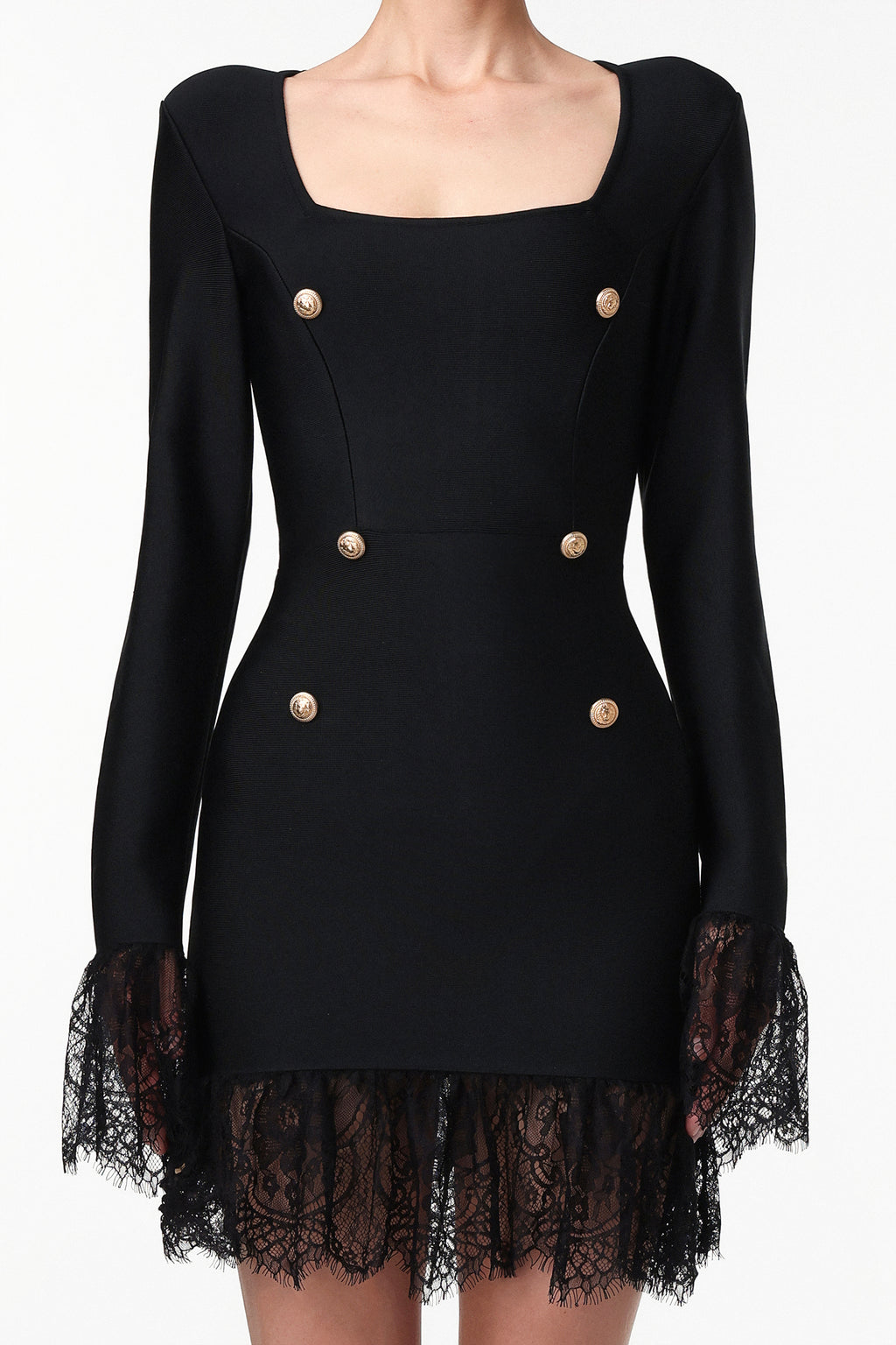 Sydney Classic Contour Long Sleeve Rhinestone Button Lace Bandage Mini Dress	