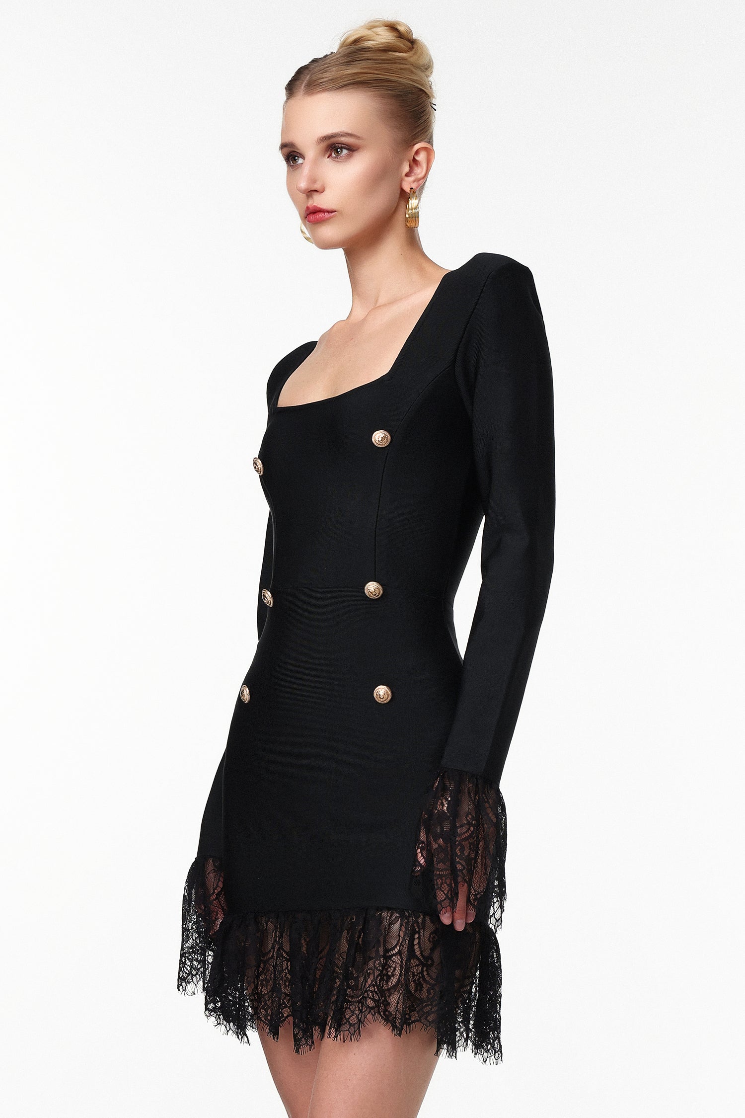 Sydney Classic Contour Long Sleeve Rhinestone Button Lace Bandage Mini Dress	