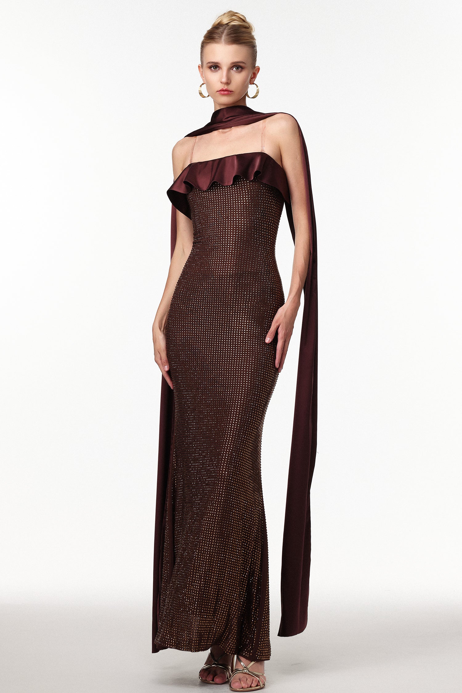 Zainab Elegant Contour Rhinestone Knit Maxi Dress