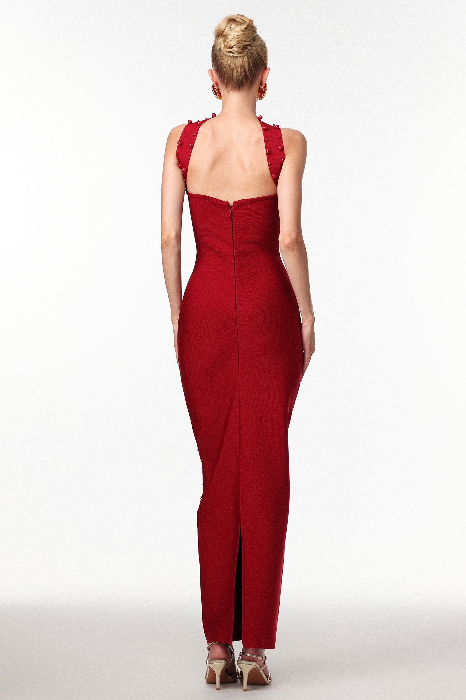 Nesya Sleeveless Pearl Wine Bandage Maxi Dress	
