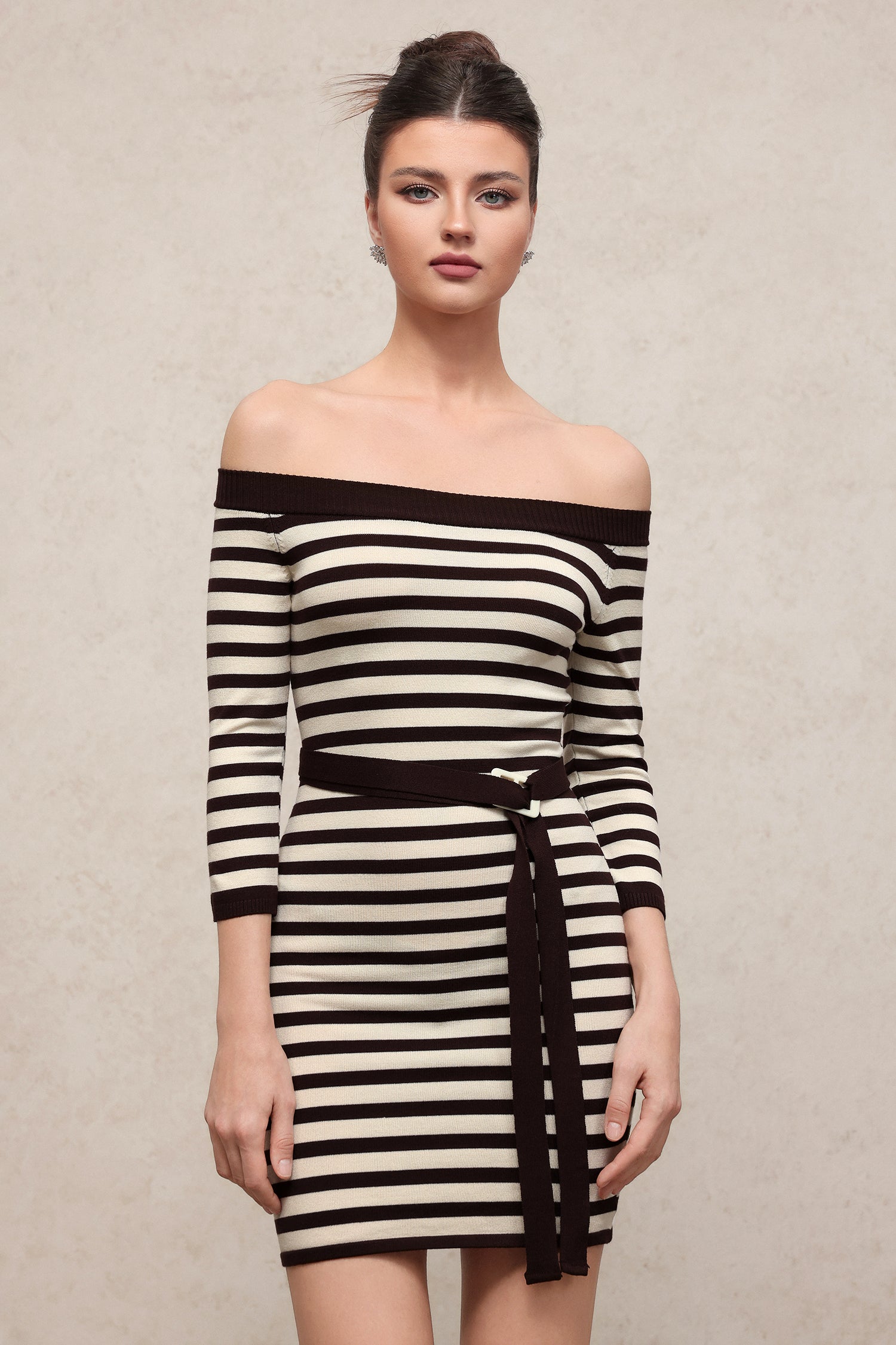 Traci Chic Contour Off Shoulder Long Sleeve Stripe Knit Mini Dress	