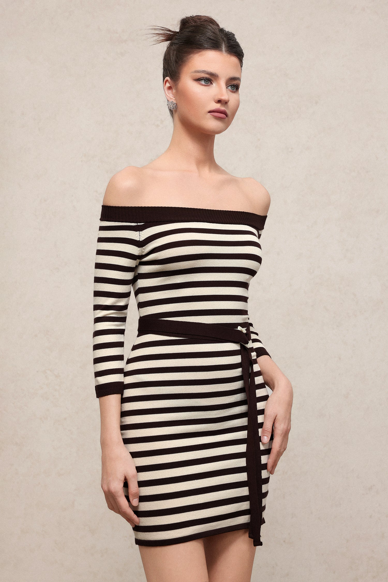 Traci Chic Contour Off Shoulder Long Sleeve Stripe Knit Mini Dress	