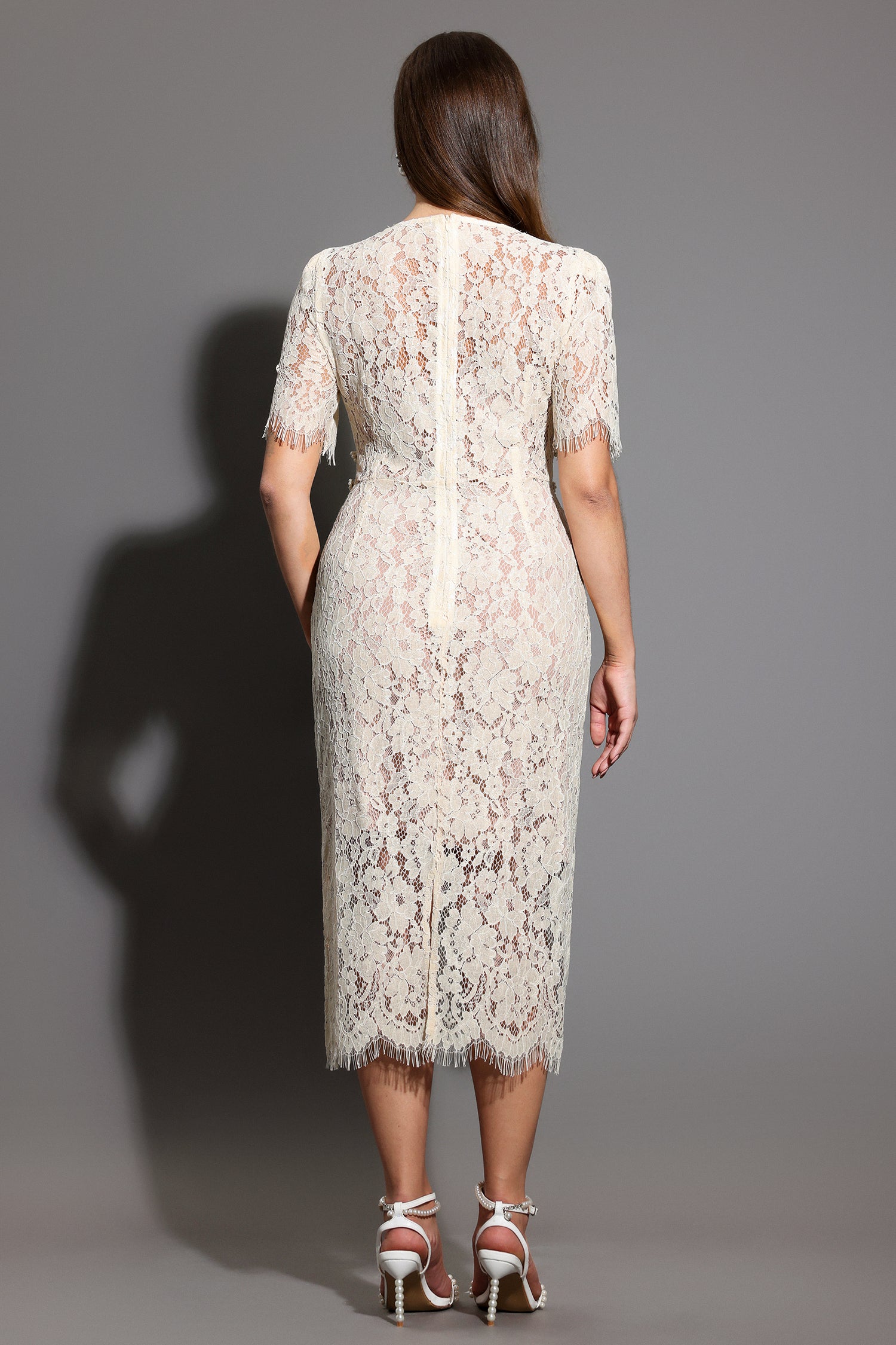 Maisie V-Neck Short Sleeves Bowknot Lace Midi Dress	