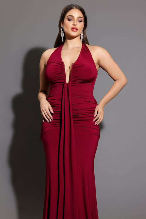 Elsie Halter Sleeveless V-Neck Wrinkles Maxi Dress	