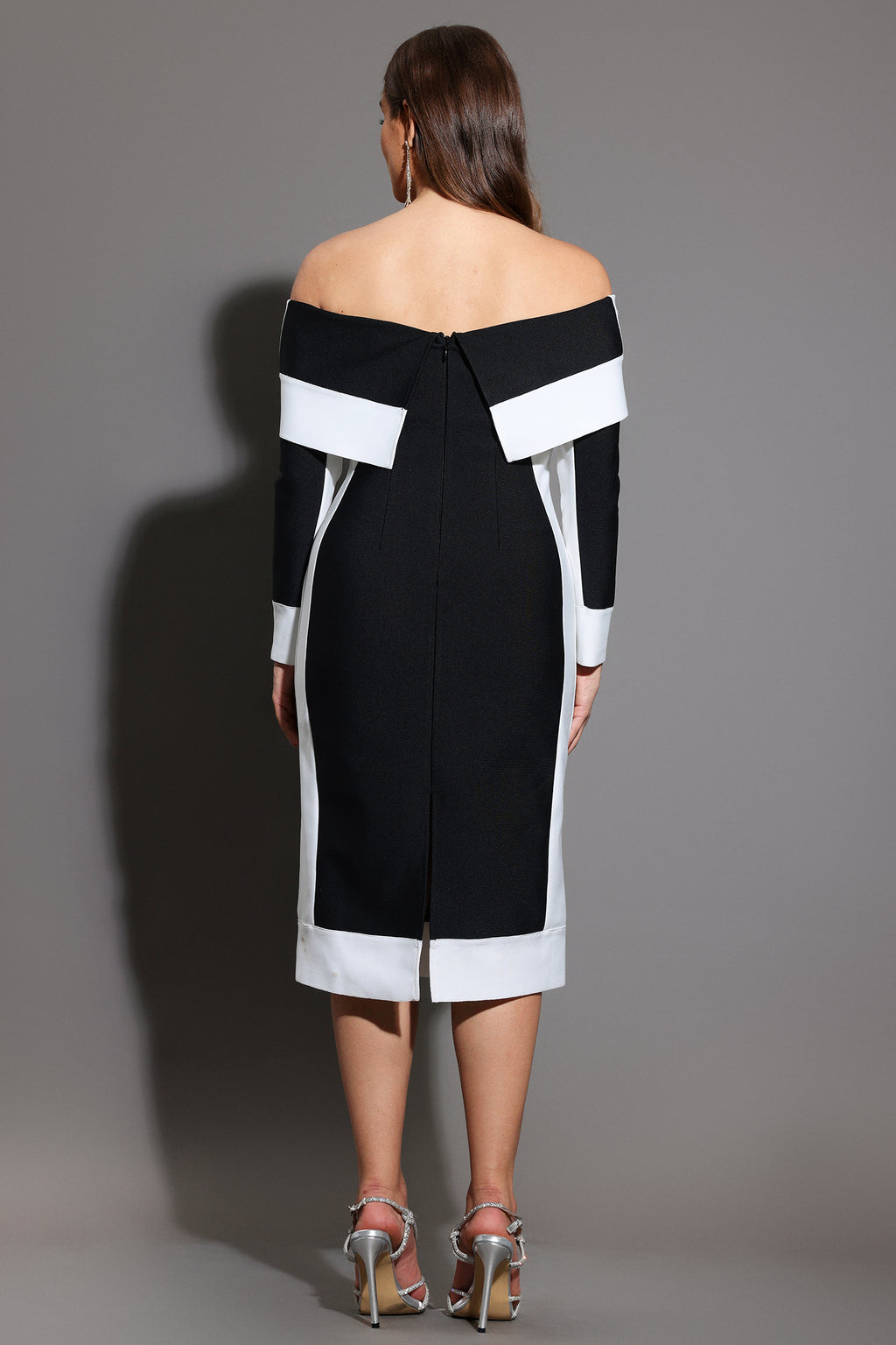 Mattey Off-The-Shoulder Long Sleeves Stripes Bandage Midi Dress	