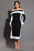 Mattey Off-The-Shoulder Long Sleeves Stripes Bandage Midi Dress	