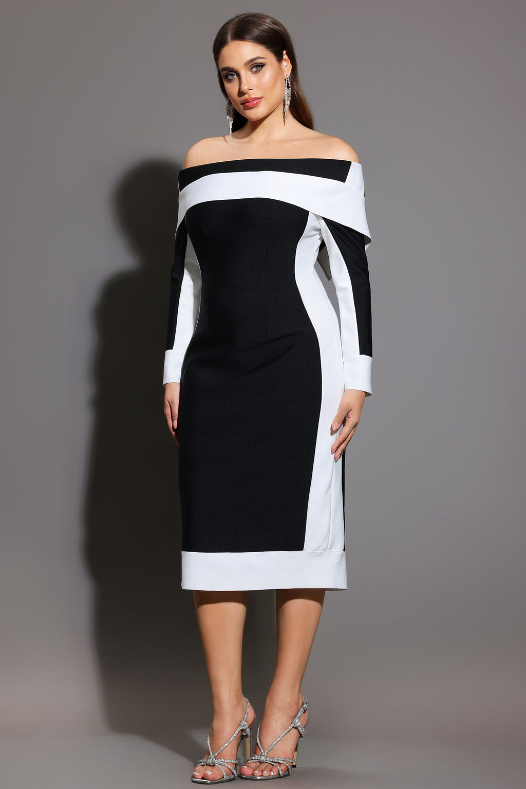 Mattey Off-The-Shoulder Long Sleeves Stripes Bandage Midi Dress	