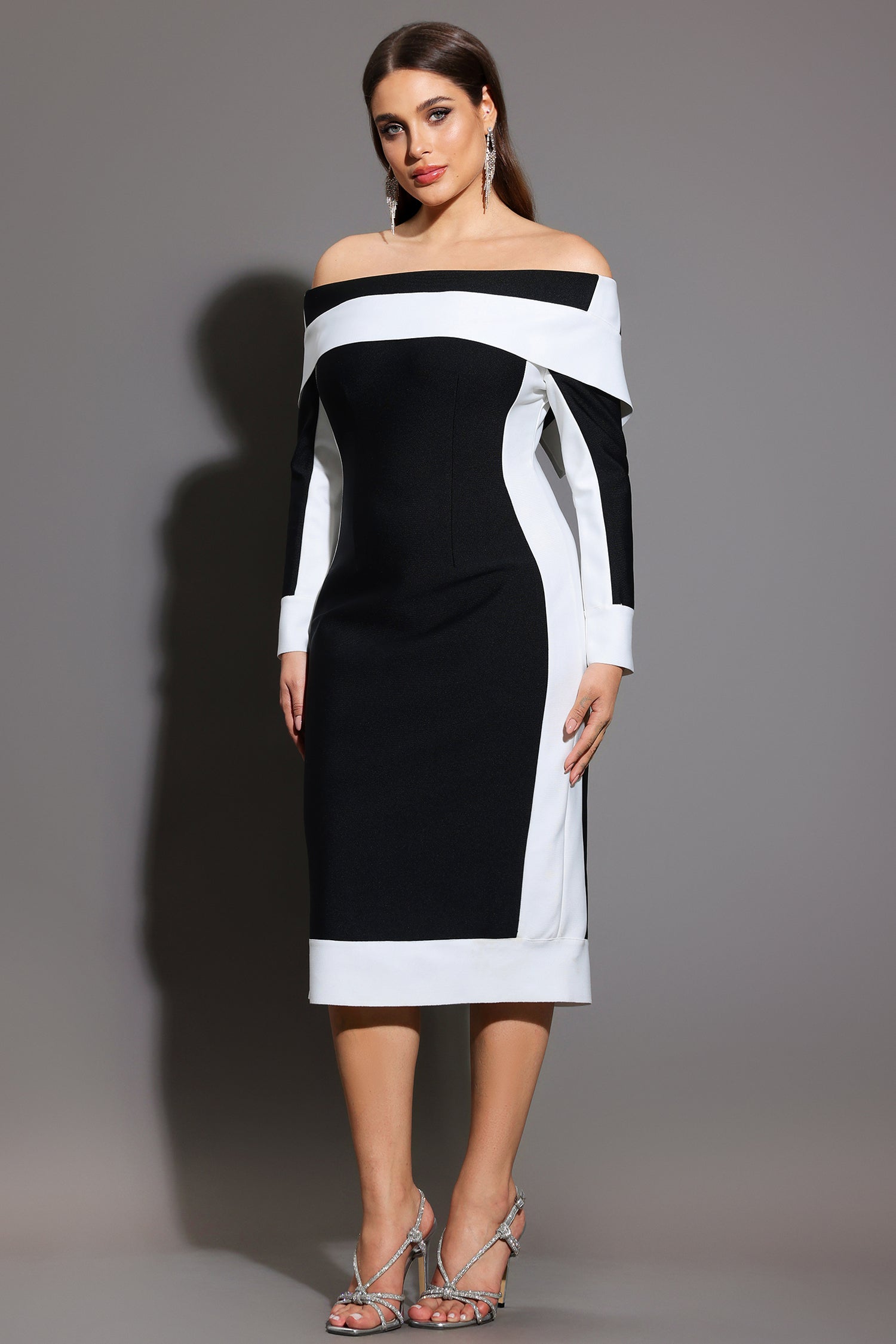Mattey Off-The-Shoulder Long Sleeves Stripes Bandage Midi Dress	