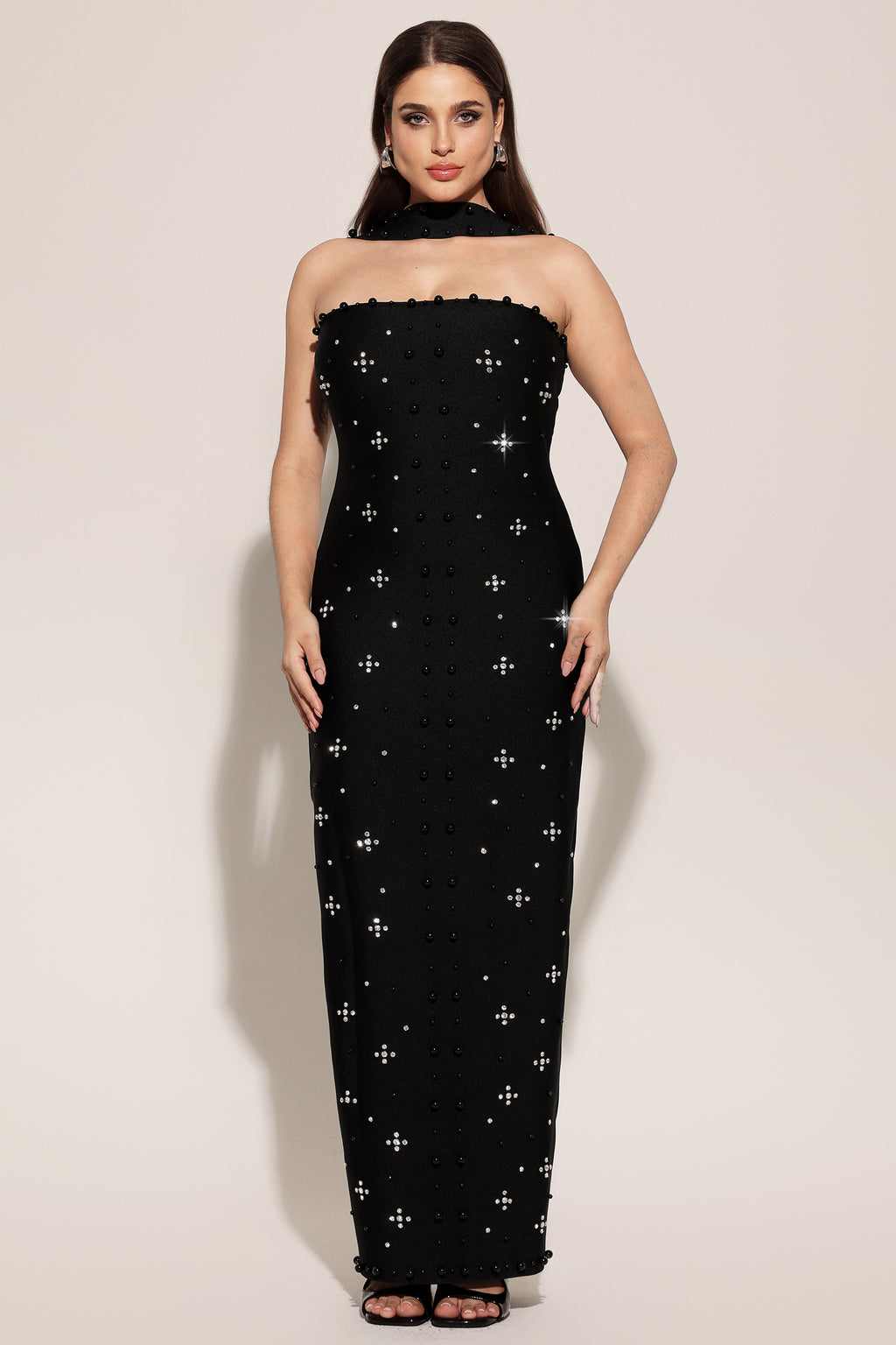 Nesya Sleeveless Pearl Bandage Maxi Dress	