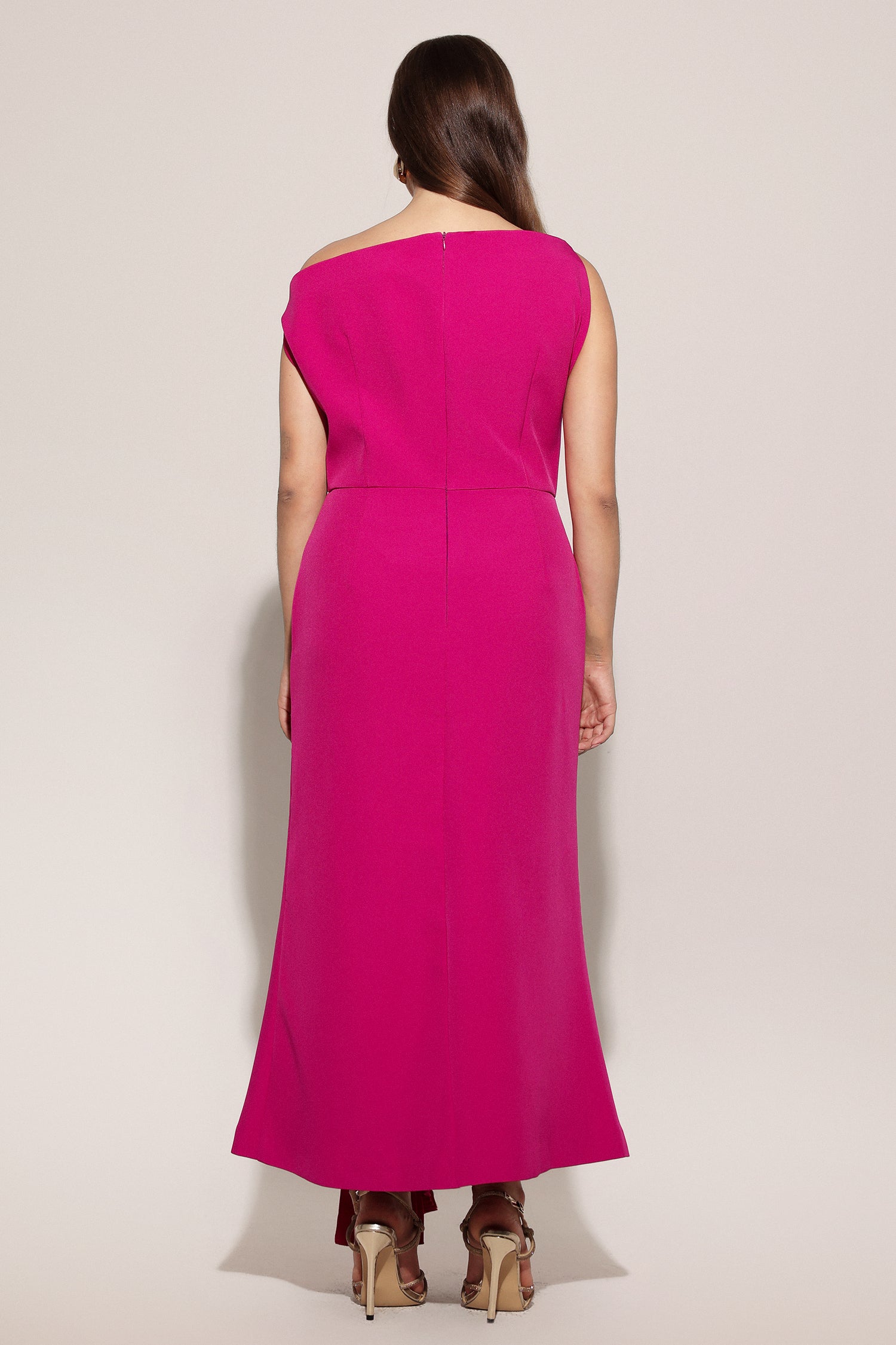 Paulina Oblique Shoulder Sleeveless Folds RosePink Midi Dress	