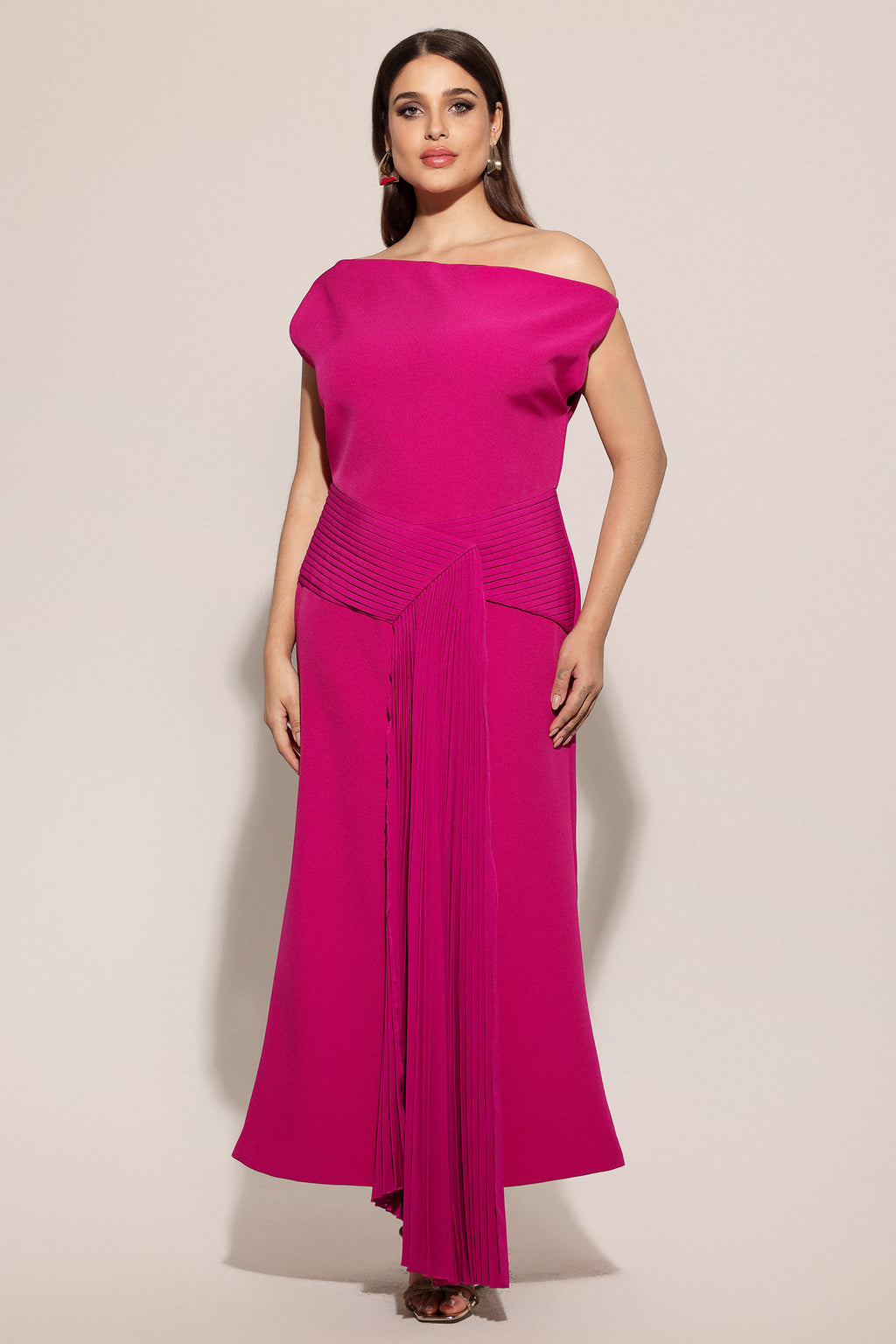 Paulina Oblique Shoulder Sleeveless Folds RosePink Midi Dress	