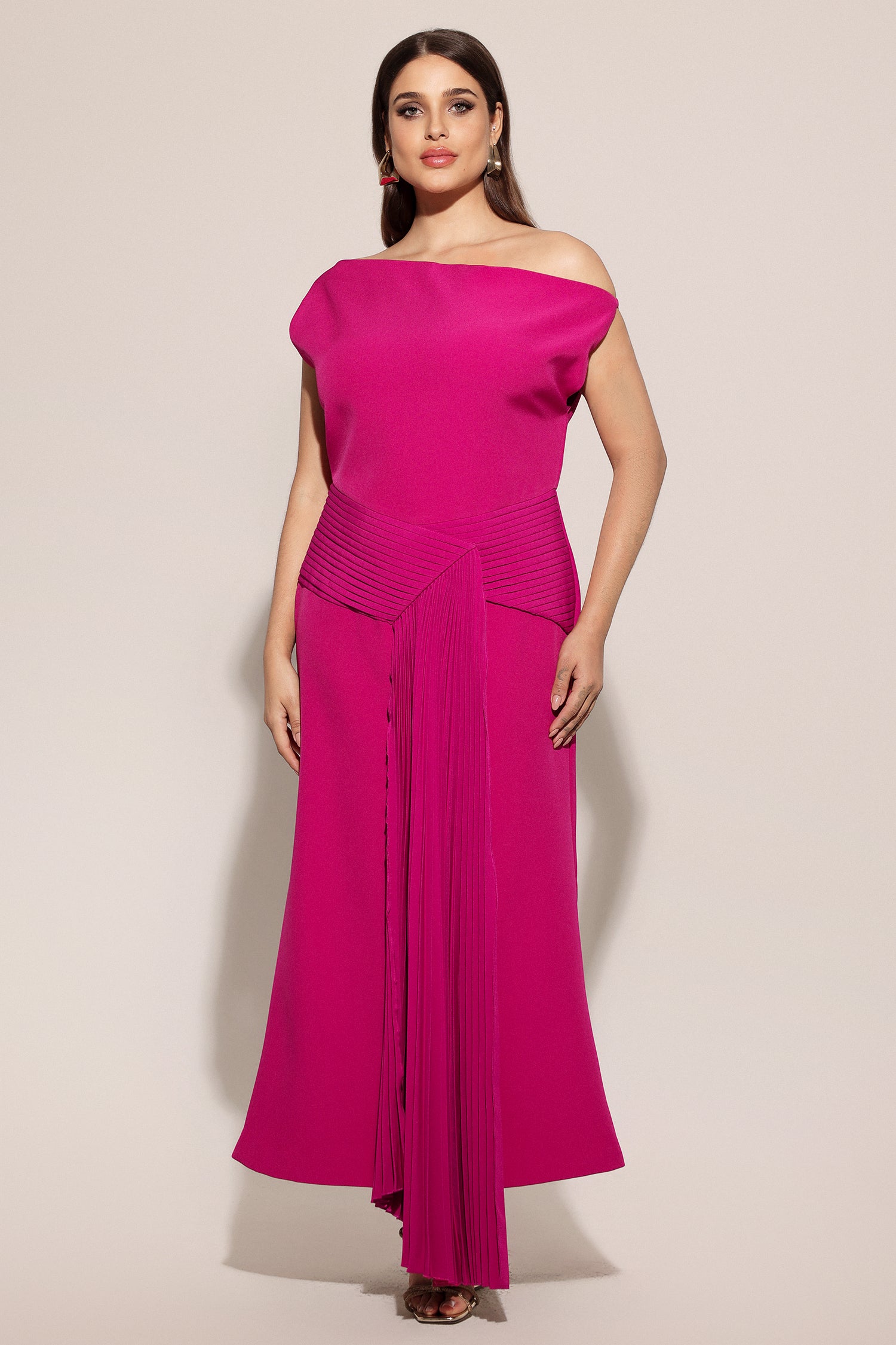 Paulina Oblique Shoulder Sleeveless Folds RosePink Midi Dress	