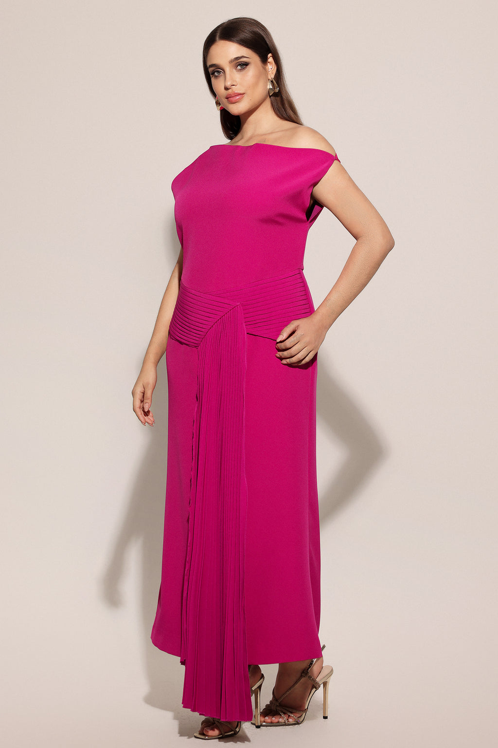 Paulina Oblique Shoulder Sleeveless Folds RosePink Midi Dress	