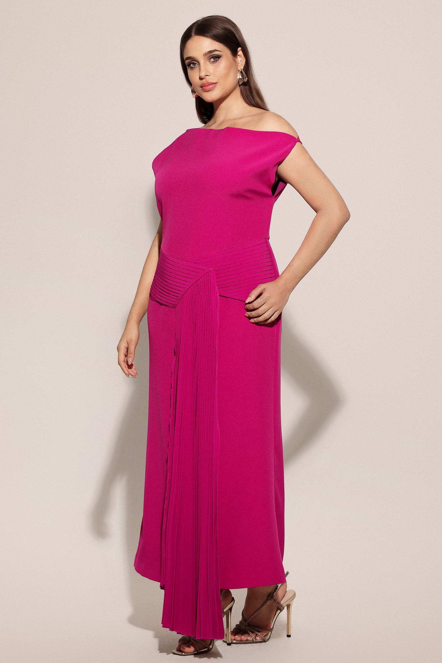 Paulina Oblique Shoulder Sleeveless Folds RosePink Midi Dress	