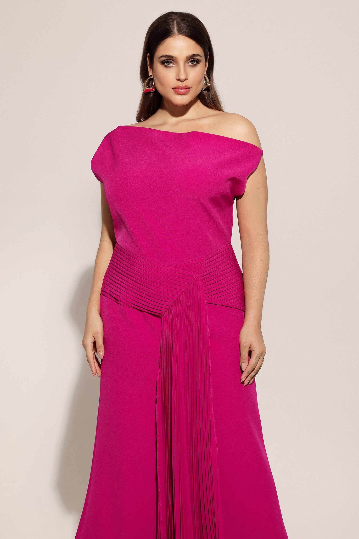 Paulina Oblique Shoulder Sleeveless Folds RosePink Midi Dress	