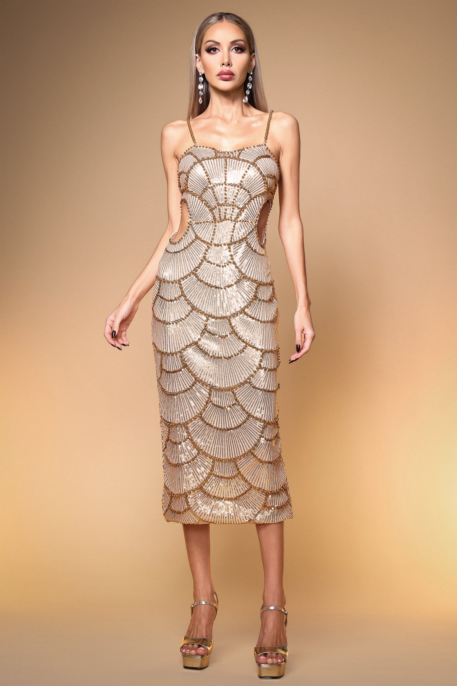 Teresa Pearl Sequin Gold Midi Dress	