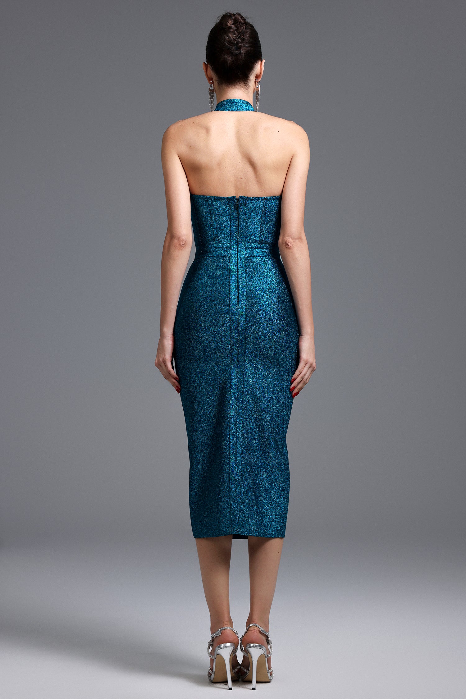 Zamiel Classic Contour Halter Bandage Midi Dress	